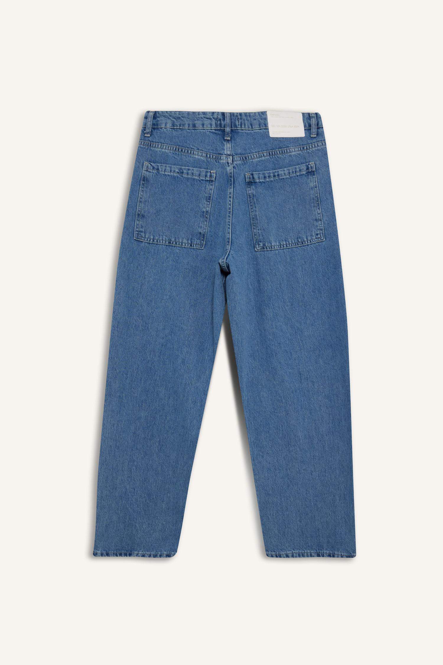 %100 Pamuk Tapered Wide Leg Fit Geniş Paça Jean Yıkamalı Pantolon