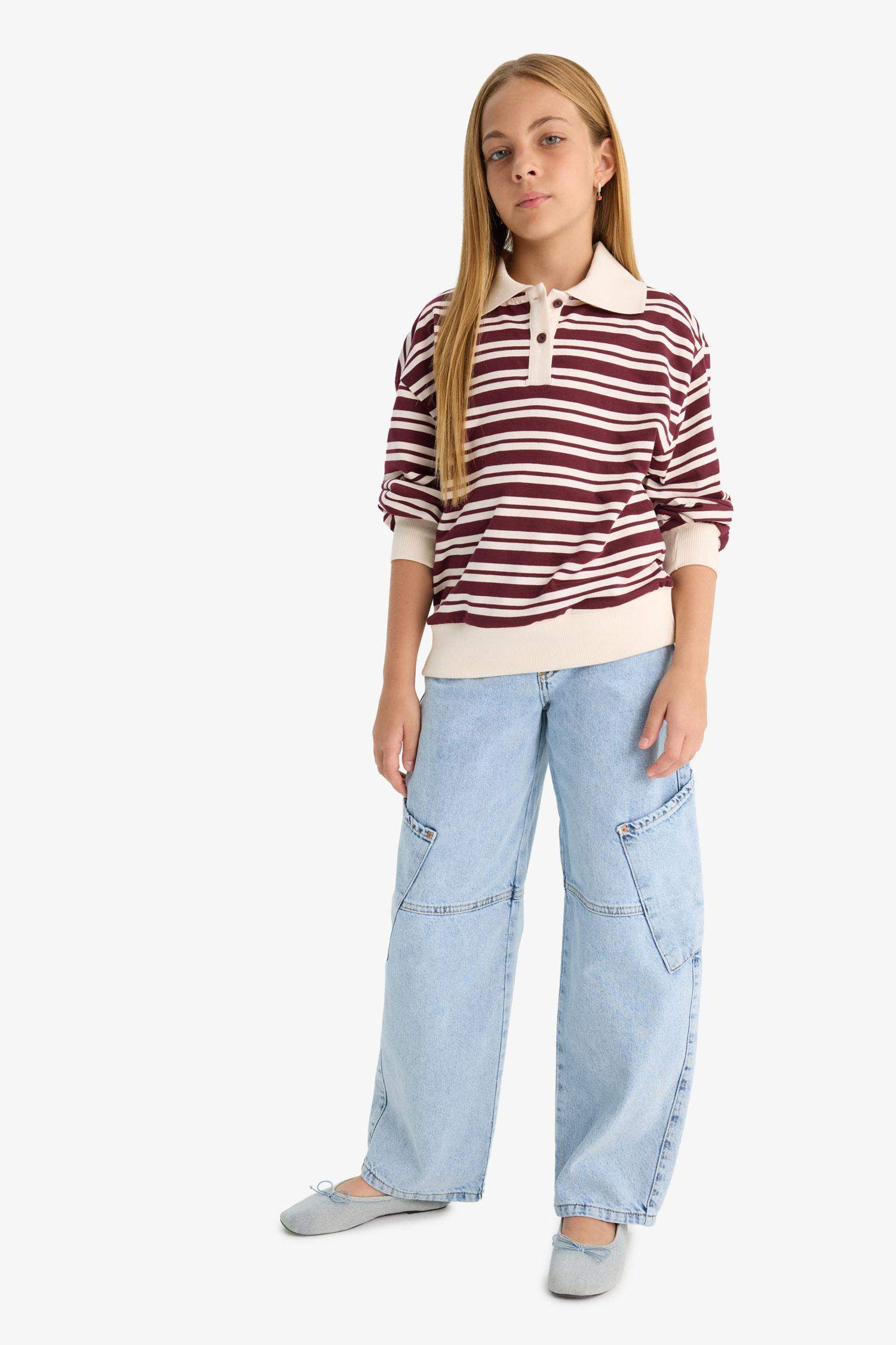 Girl Relax Fit Polo Neck Striped T-Shirt