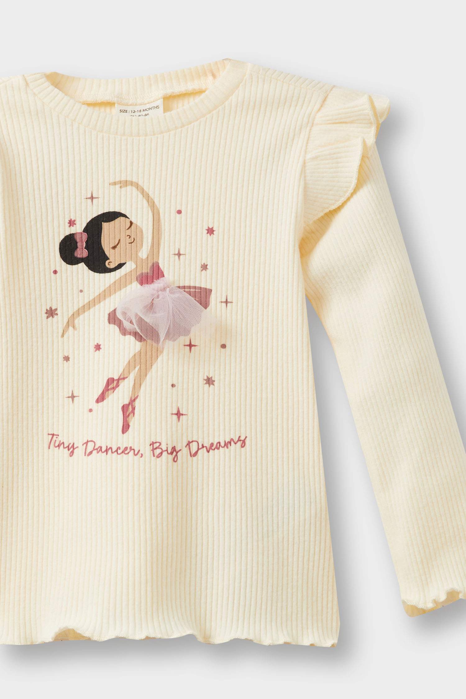 Kız Bebek Bisiklet Yaka Balerin Baskılı Fitilli Kaşkorse Uzun Kollu Tişört 