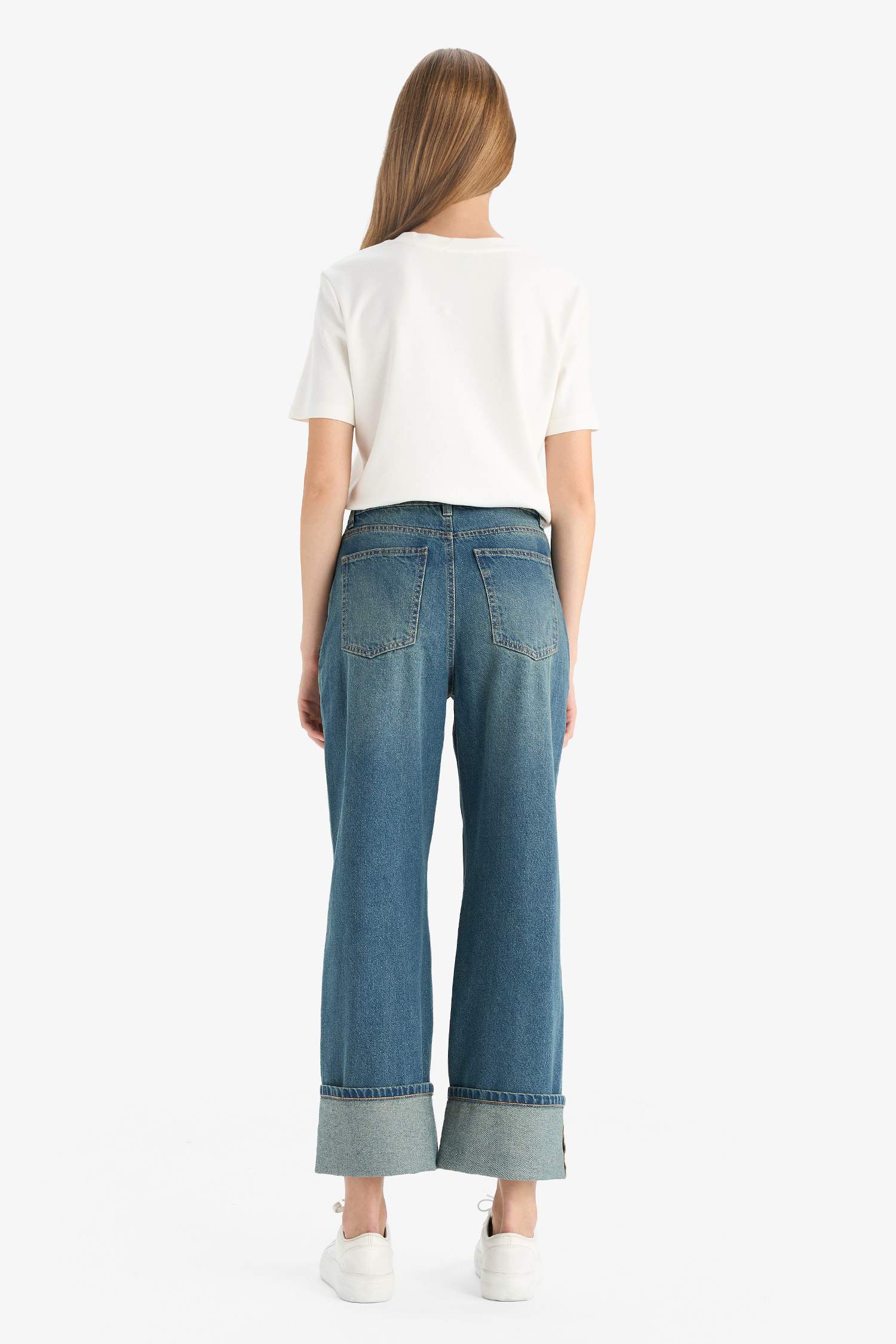 Relax Fit High Waist Folded Hem Long Jeans