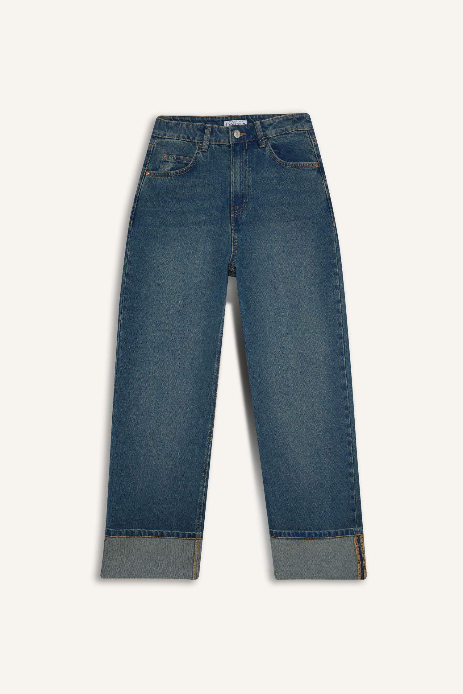 Relax Fit High Waist Folded Hem Long Jeans