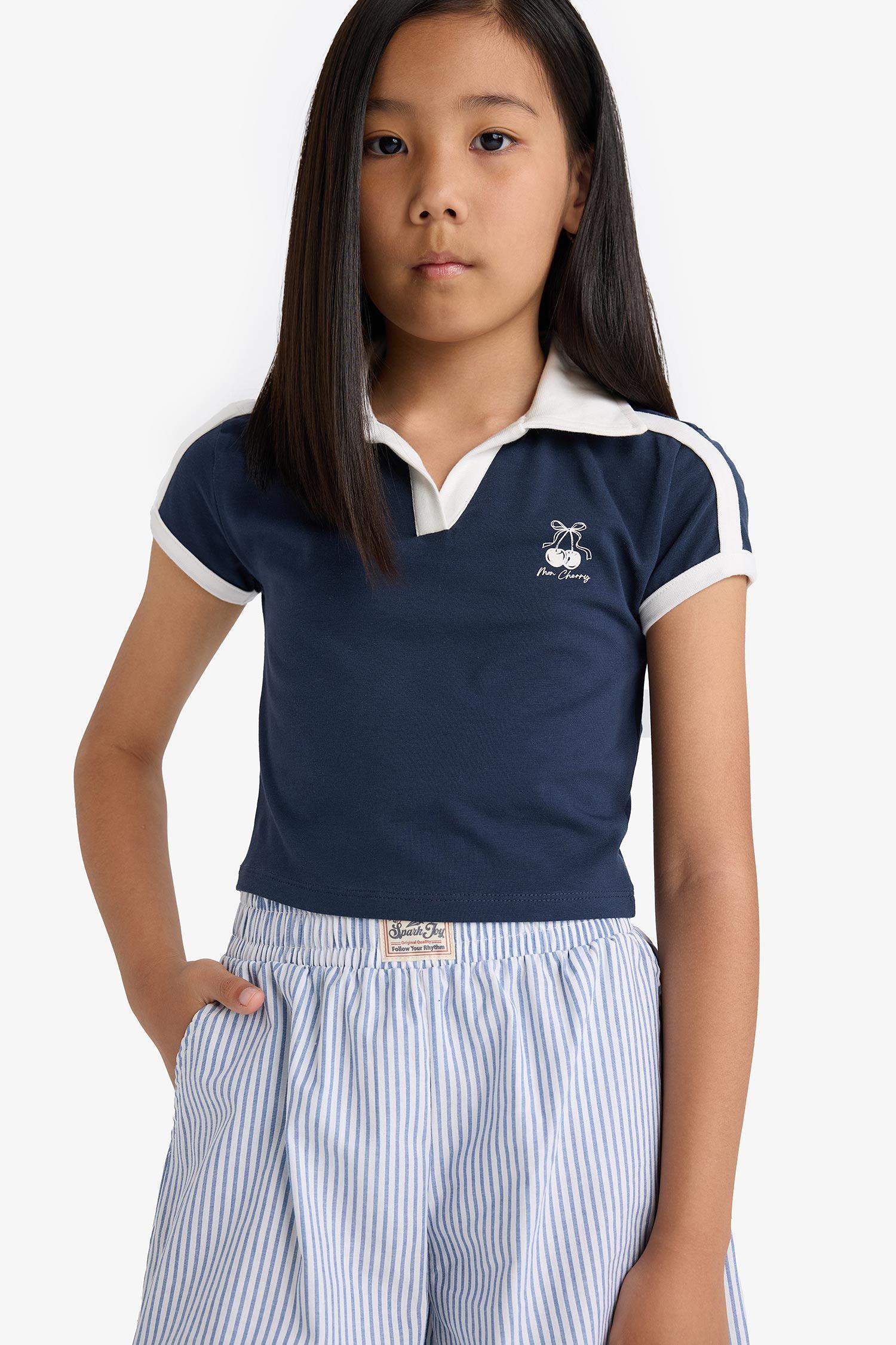 Kız Çocuk Slim Fit Dar Kesim Polo Yaka Baskılı Kısa Kollu Tişört