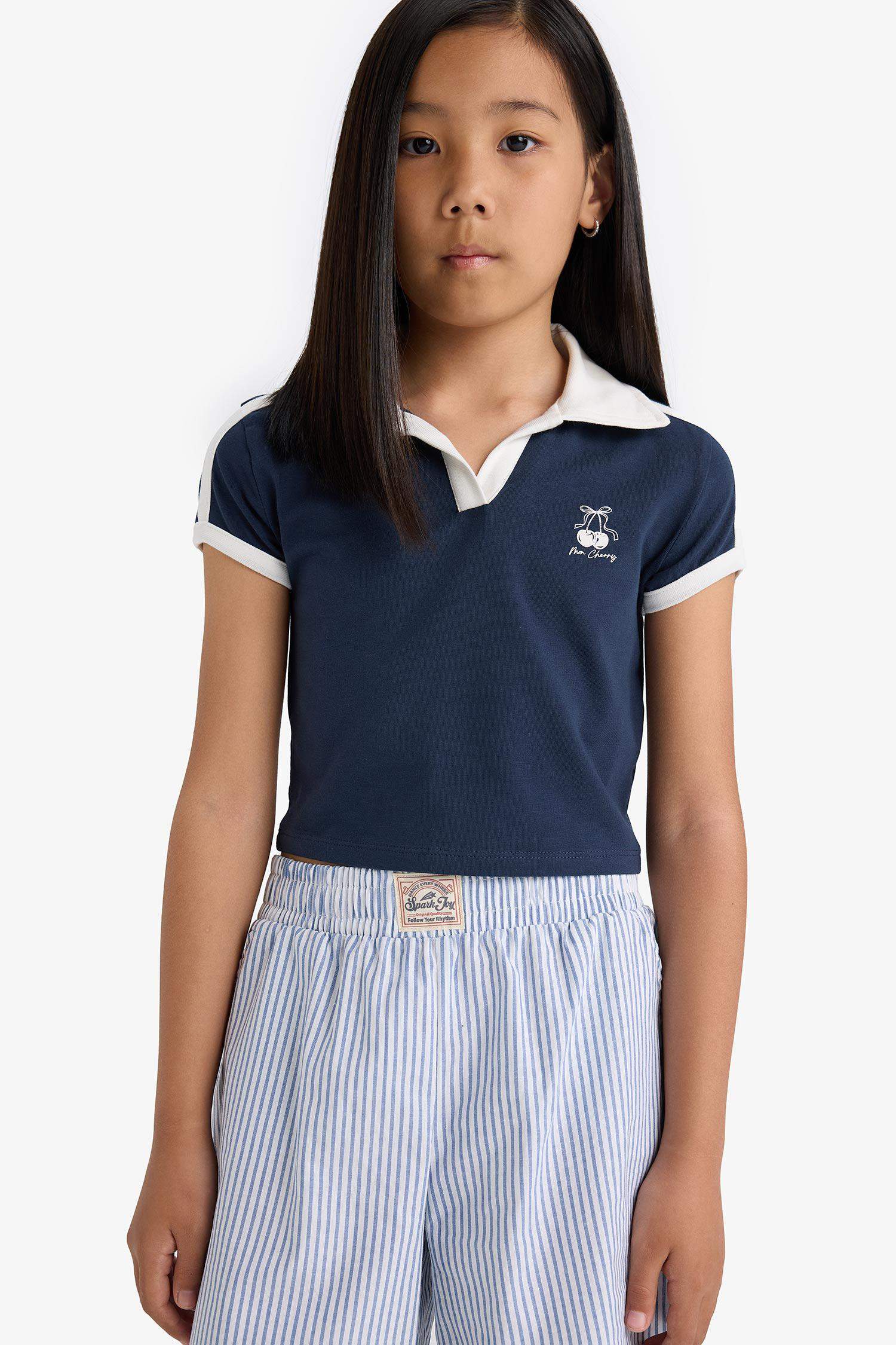 Kız Çocuk Slim Fit Dar Kesim Polo Yaka Baskılı Kısa Kollu Tişört