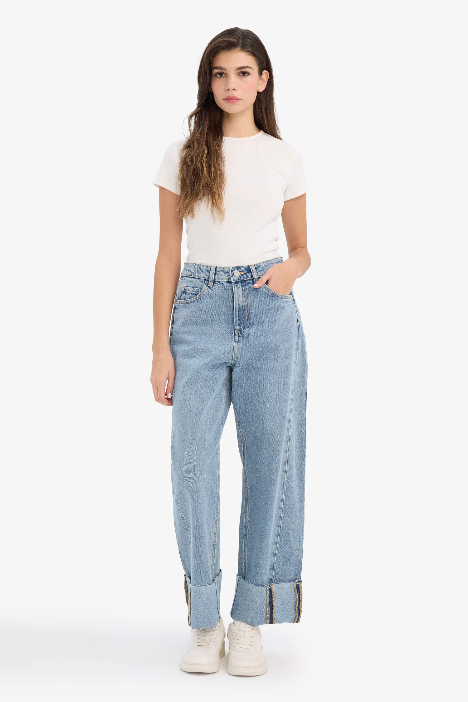 Relax Fit жоғары белді қайырмалы балақты джинс шалбар