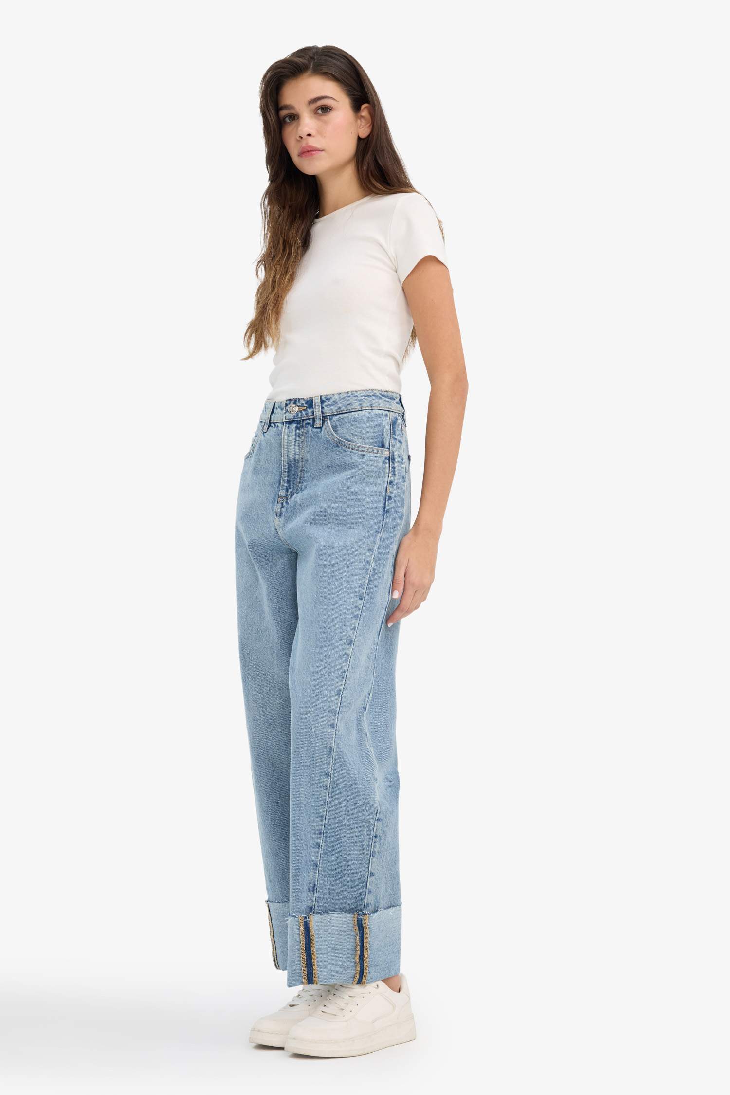 Relax Fit жоғары белді қайырмалы балақты джинс шалбар