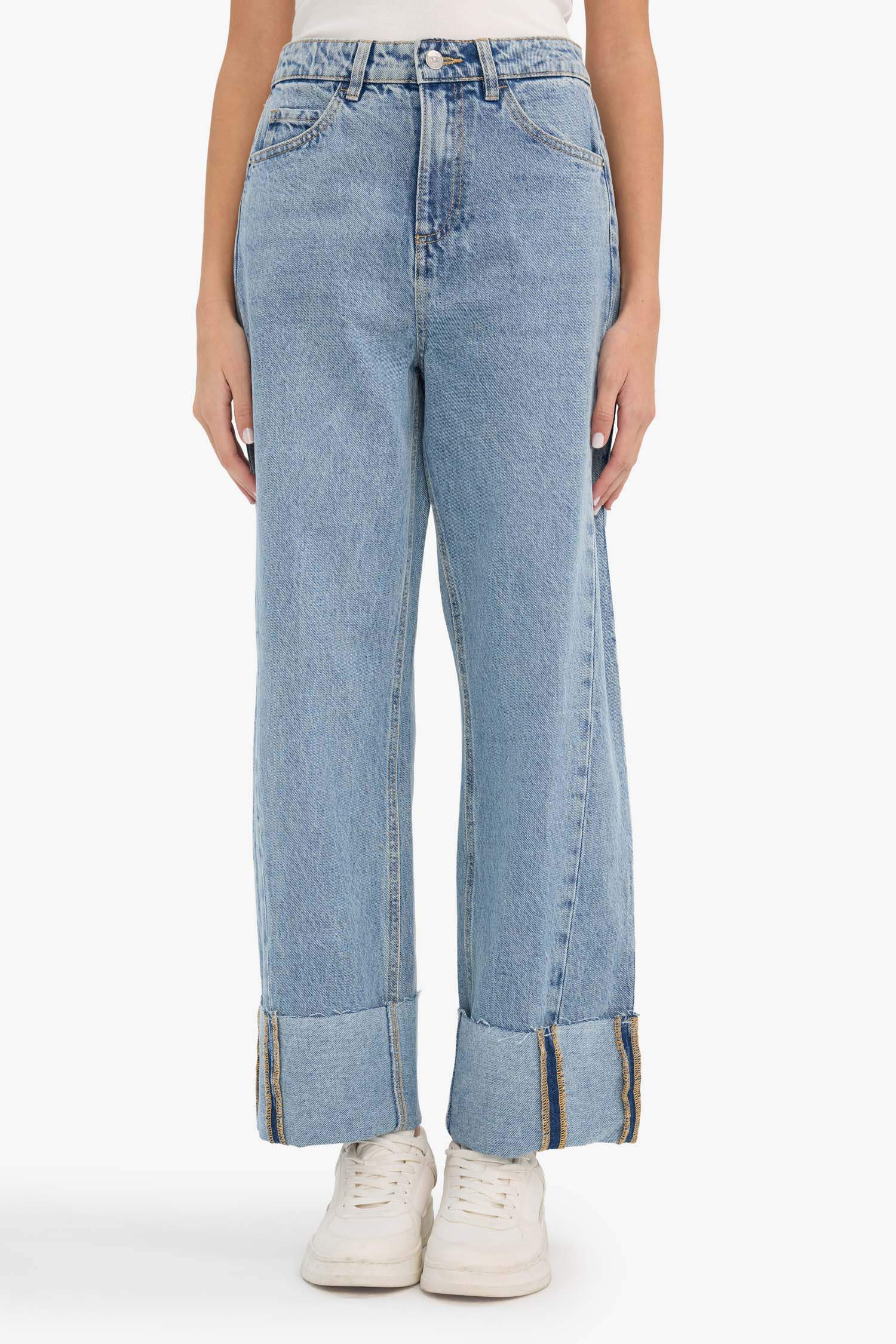 Relax Fit жоғары белді қайырмалы балақты джинс шалбар