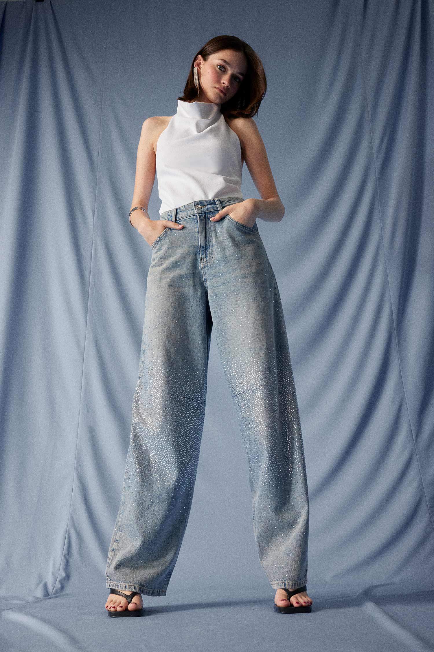 بنطلون جينز باجي فيت حريمي بخصر عالي