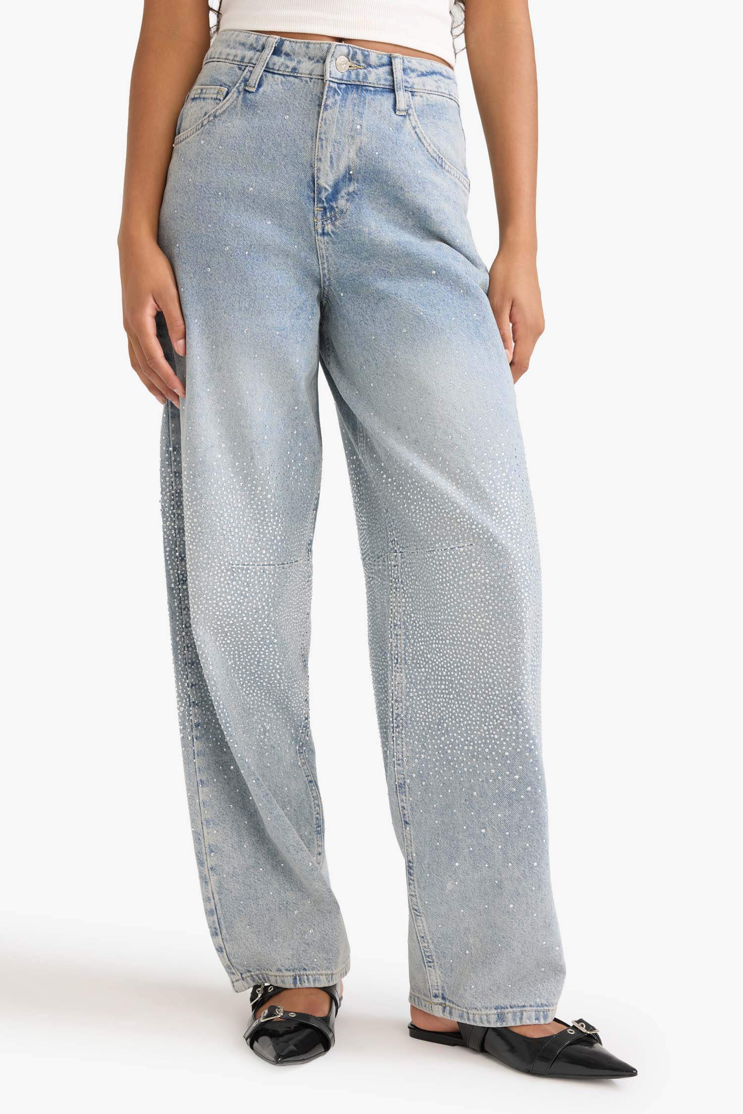 Baggy Fit Yüksek Bel Uzun Jean Yıkamalı Pantolon