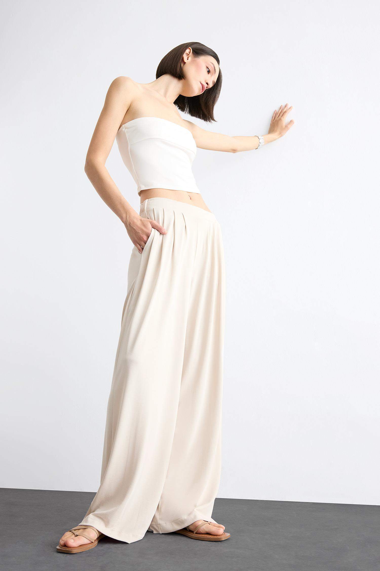 Beli Lastikli Geniş Paça Modal Pantolon