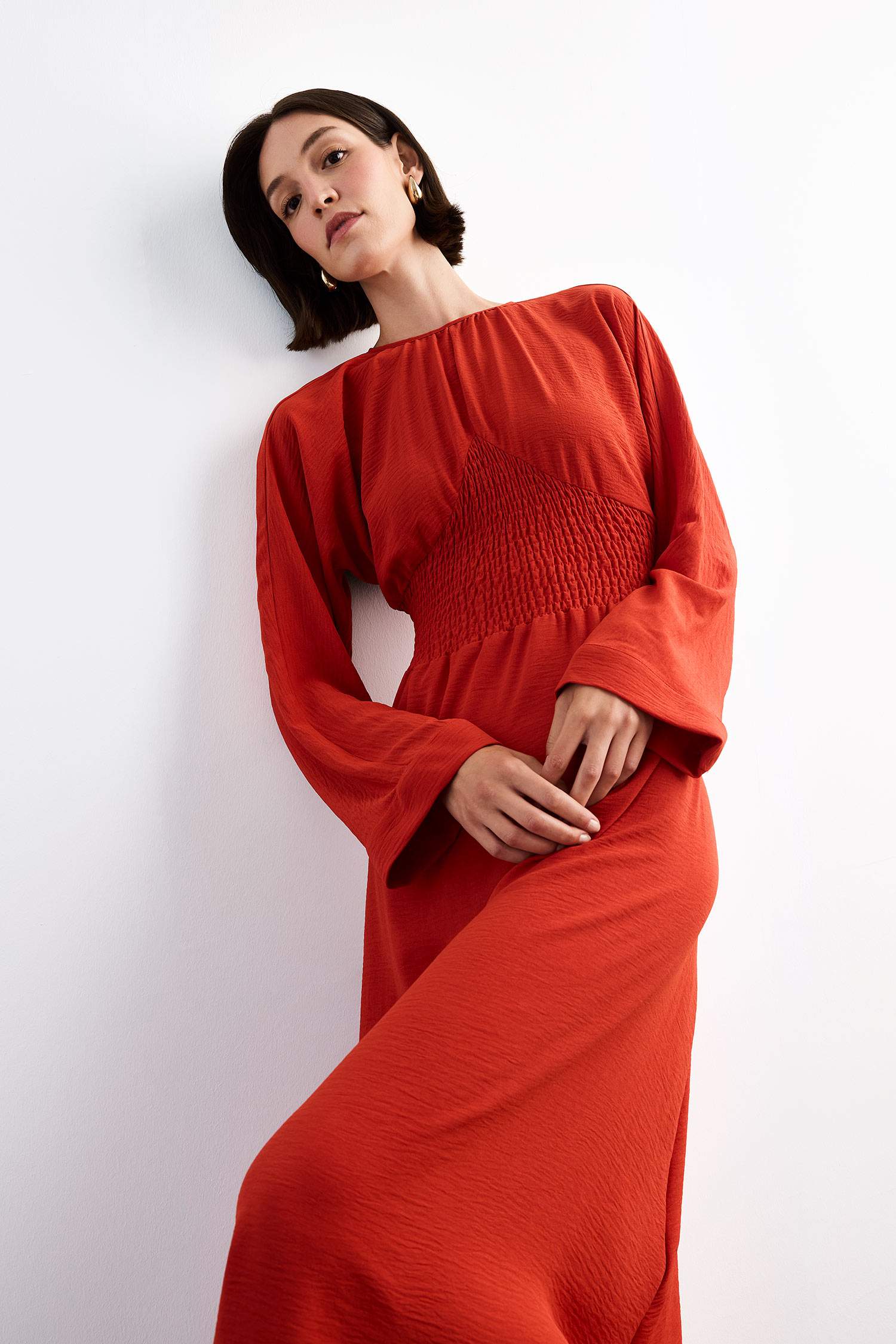 Bisiklet Yaka Uzun Kollu Midi Elbise