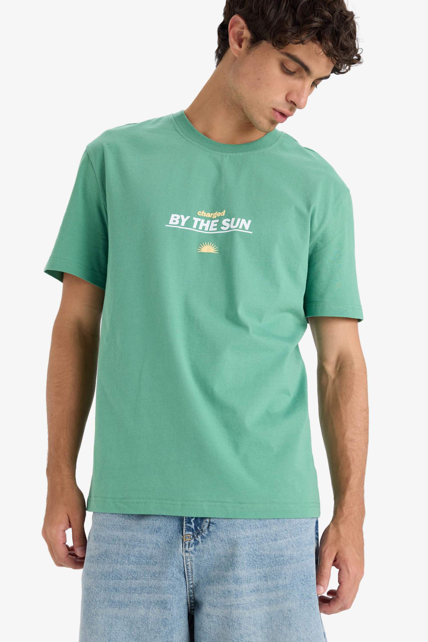 %100 Pamuk Regular Fit Bisiklet Yaka Baskılı Kısa Kollu Tişört