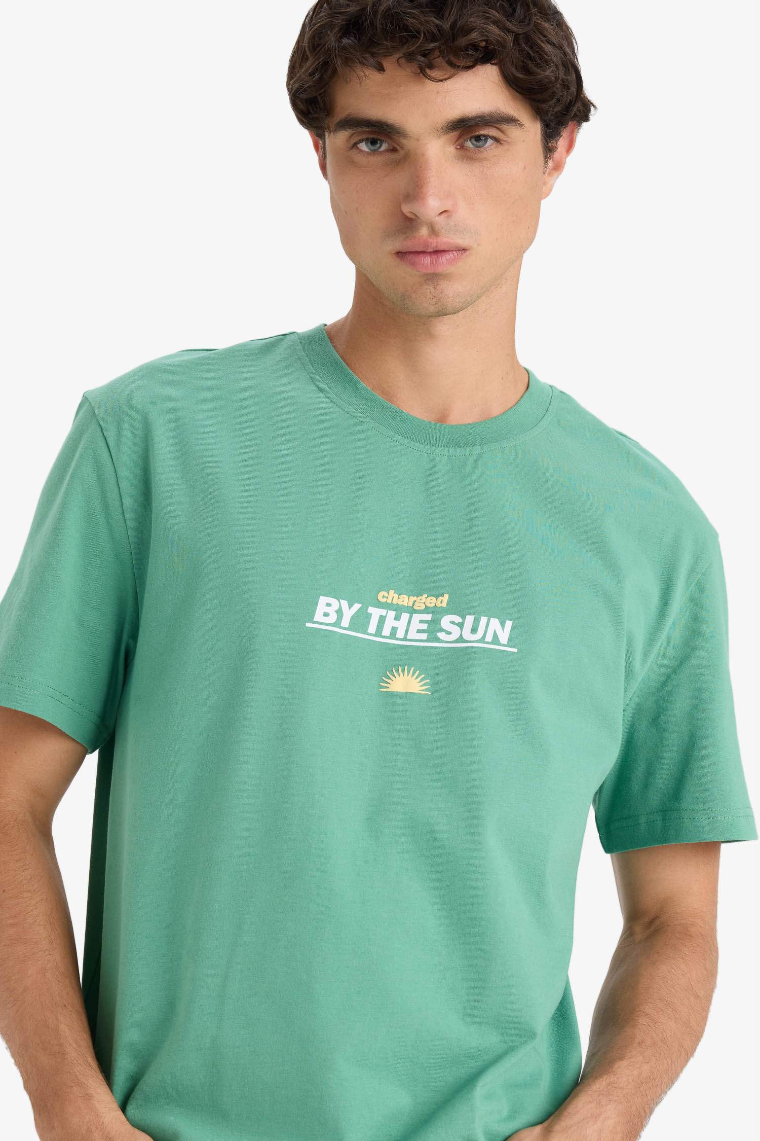 %100 Pamuk Regular Fit Bisiklet Yaka Baskılı Kısa Kollu Tişört