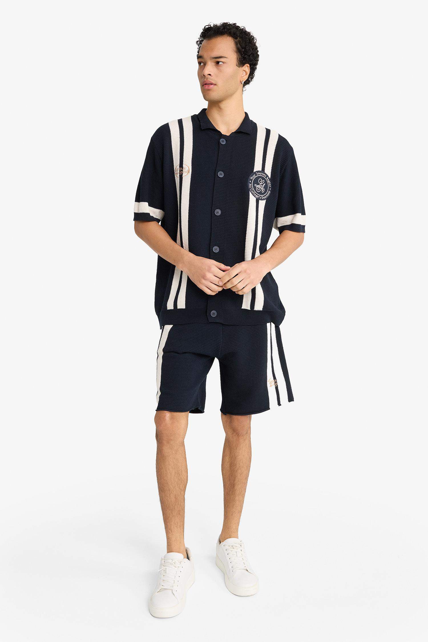 Standart Fit Beli Bağcıklı Renk Bloklu Triko Şort