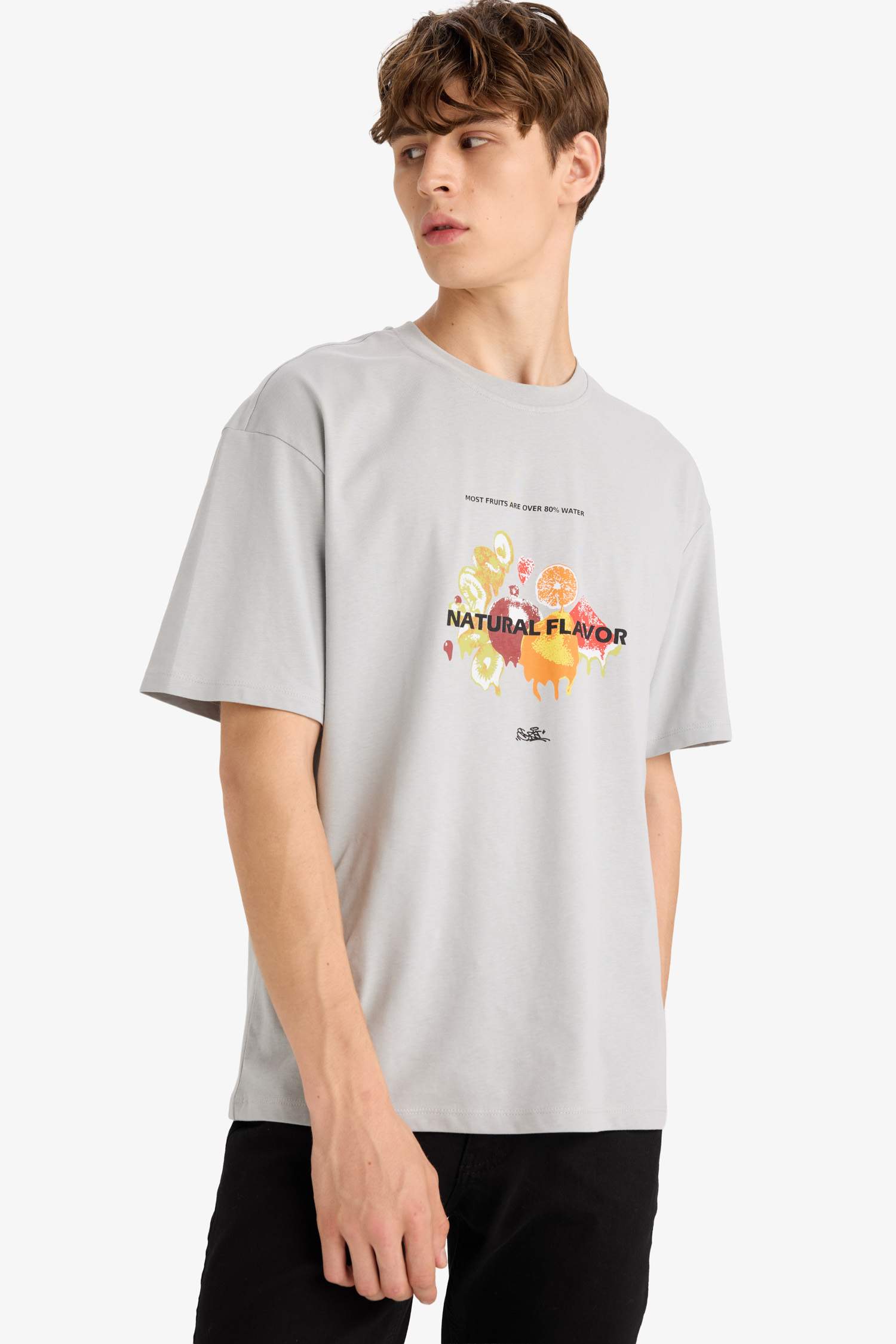 Boxy Fit Bisiklet Yaka Baskılı Kısa Kollu Tişört