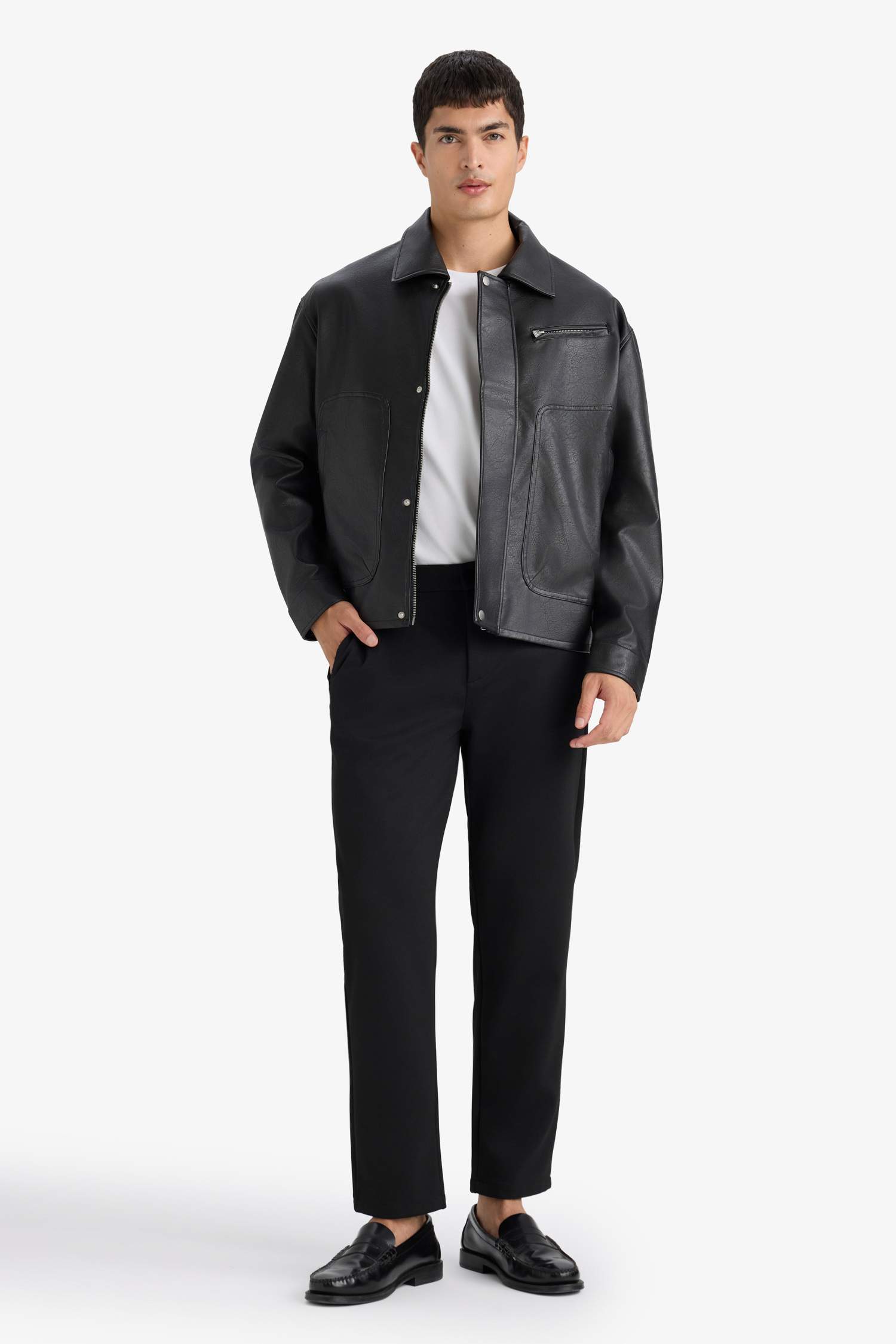 Su İtici Oversize Geniş Kalıp Gömlek Yaka Çıtçıtlı  İç Cepli Suni Deri Mont