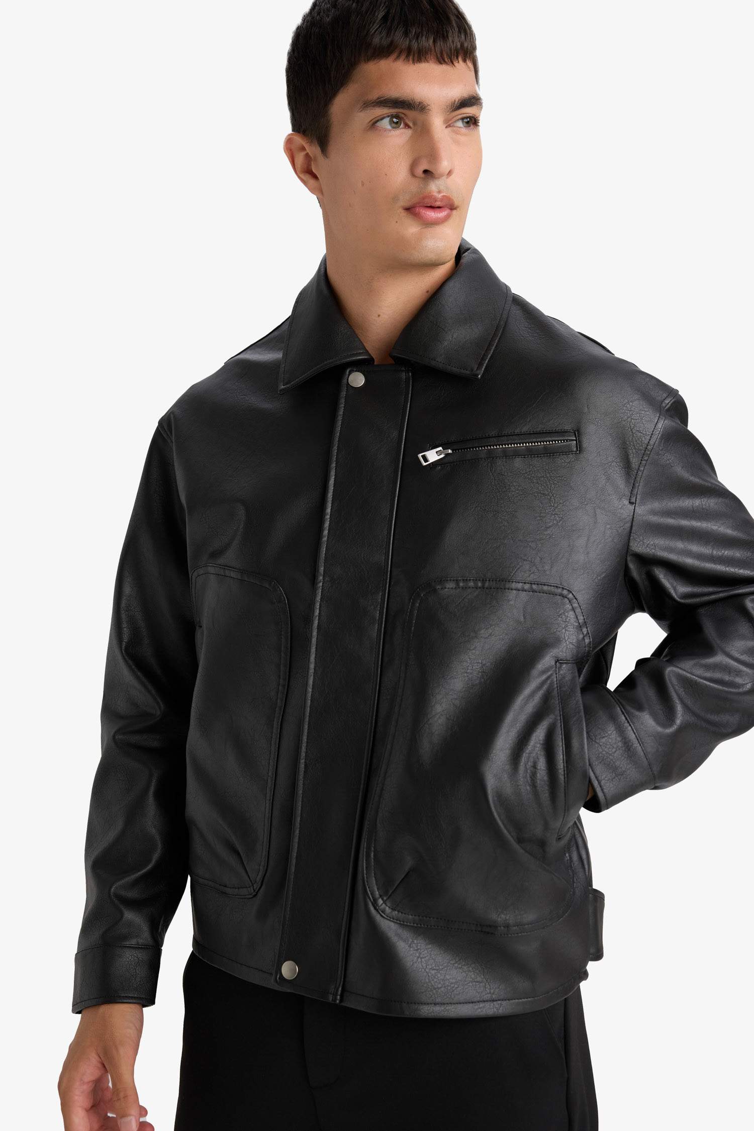 Su İtici Oversize Geniş Kalıp Gömlek Yaka Çıtçıtlı  İç Cepli Suni Deri Mont