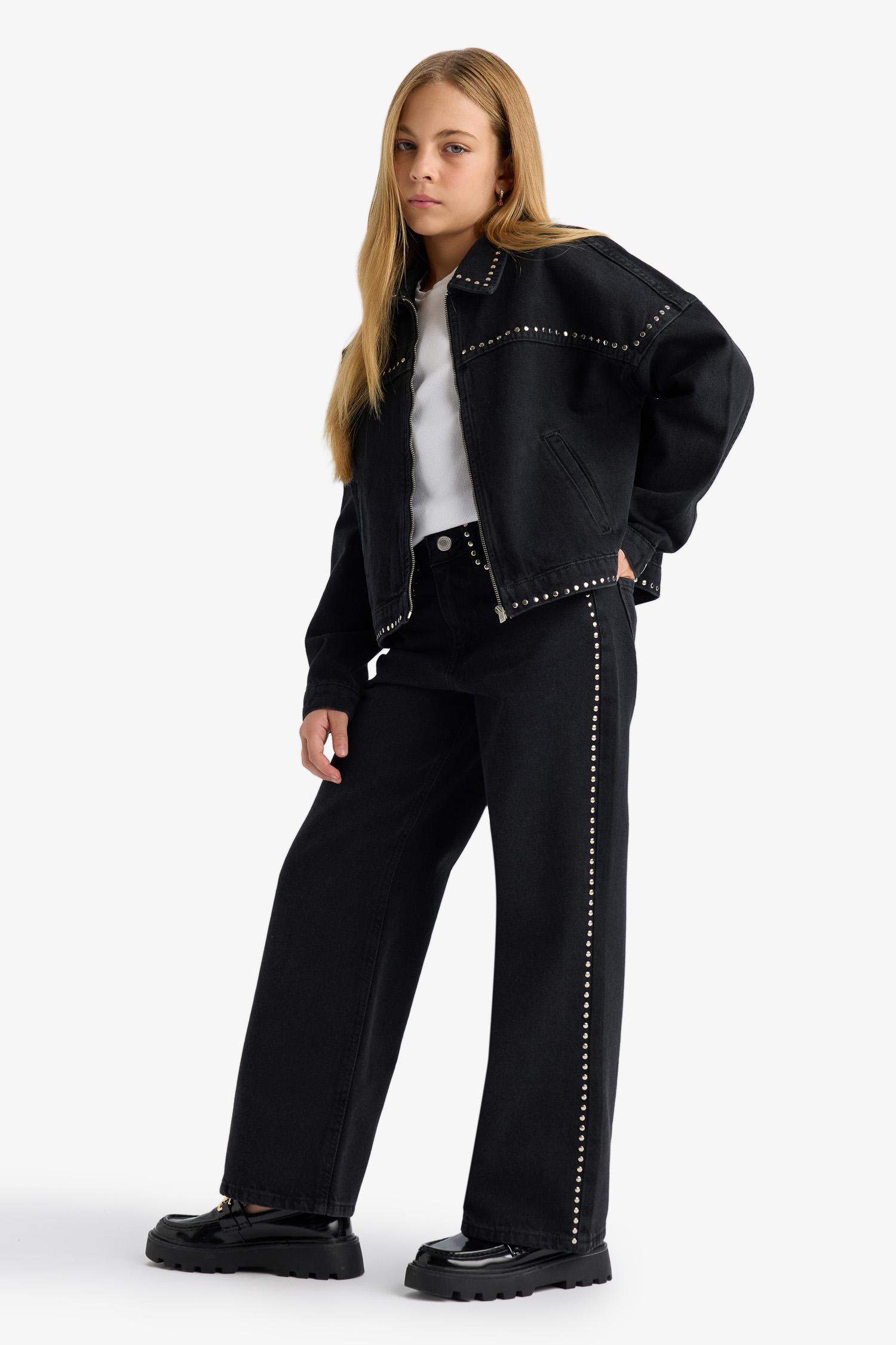 بنطرون جينز بناتي وايد ليج برجل واسع بجيب