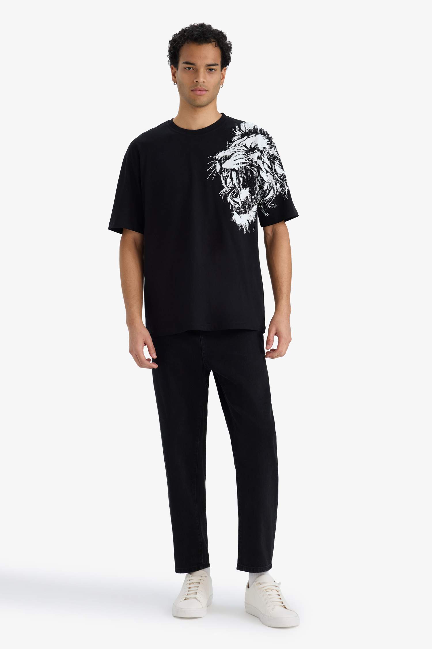 Boxy Fit Bisiklet Yaka Baskılı Kısa Kollu Tişört