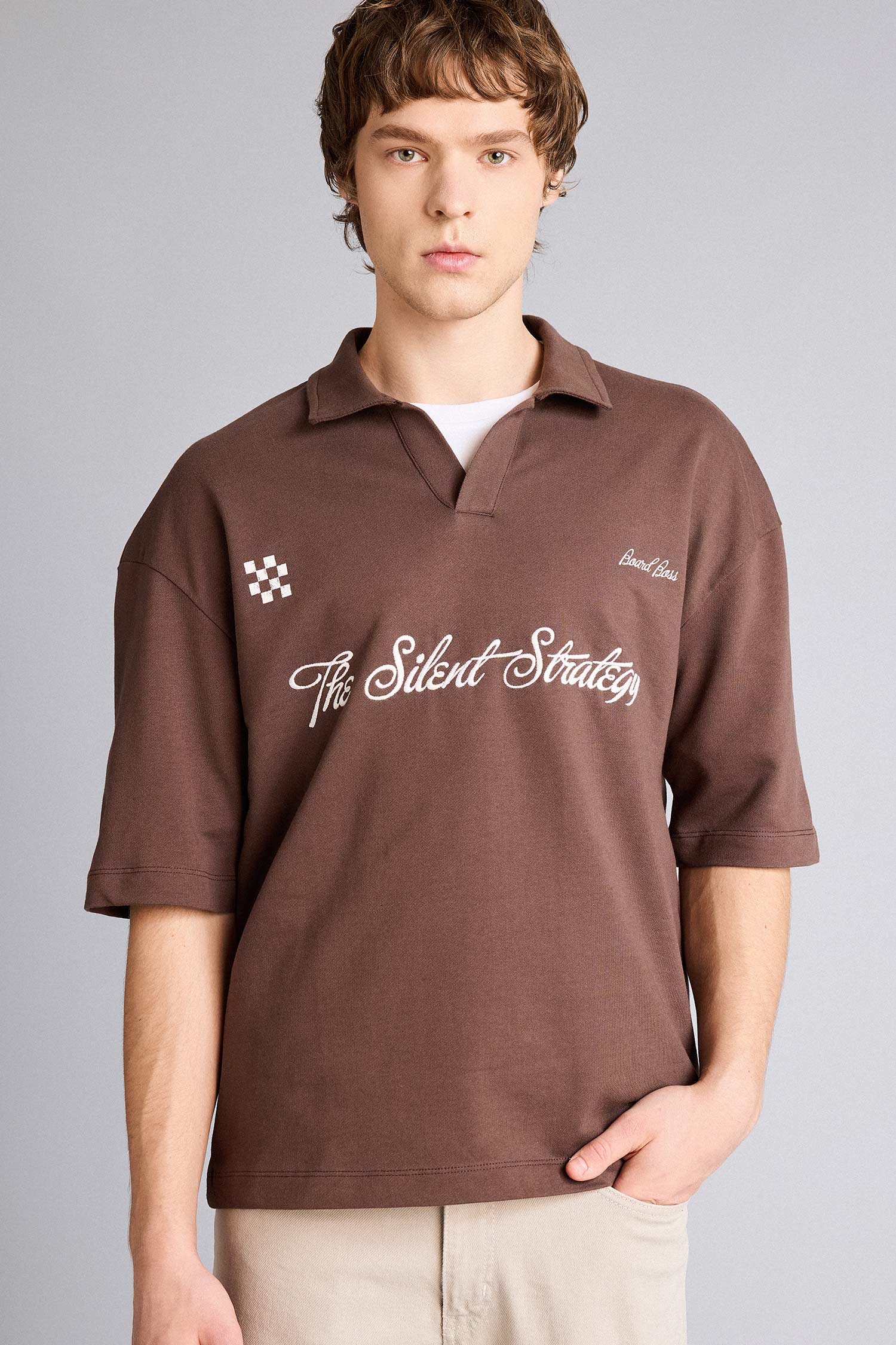 DeFacto Loose Fıt Slogan Baskılı Sweatshirt Kumaşı Polo Yaka Tişört