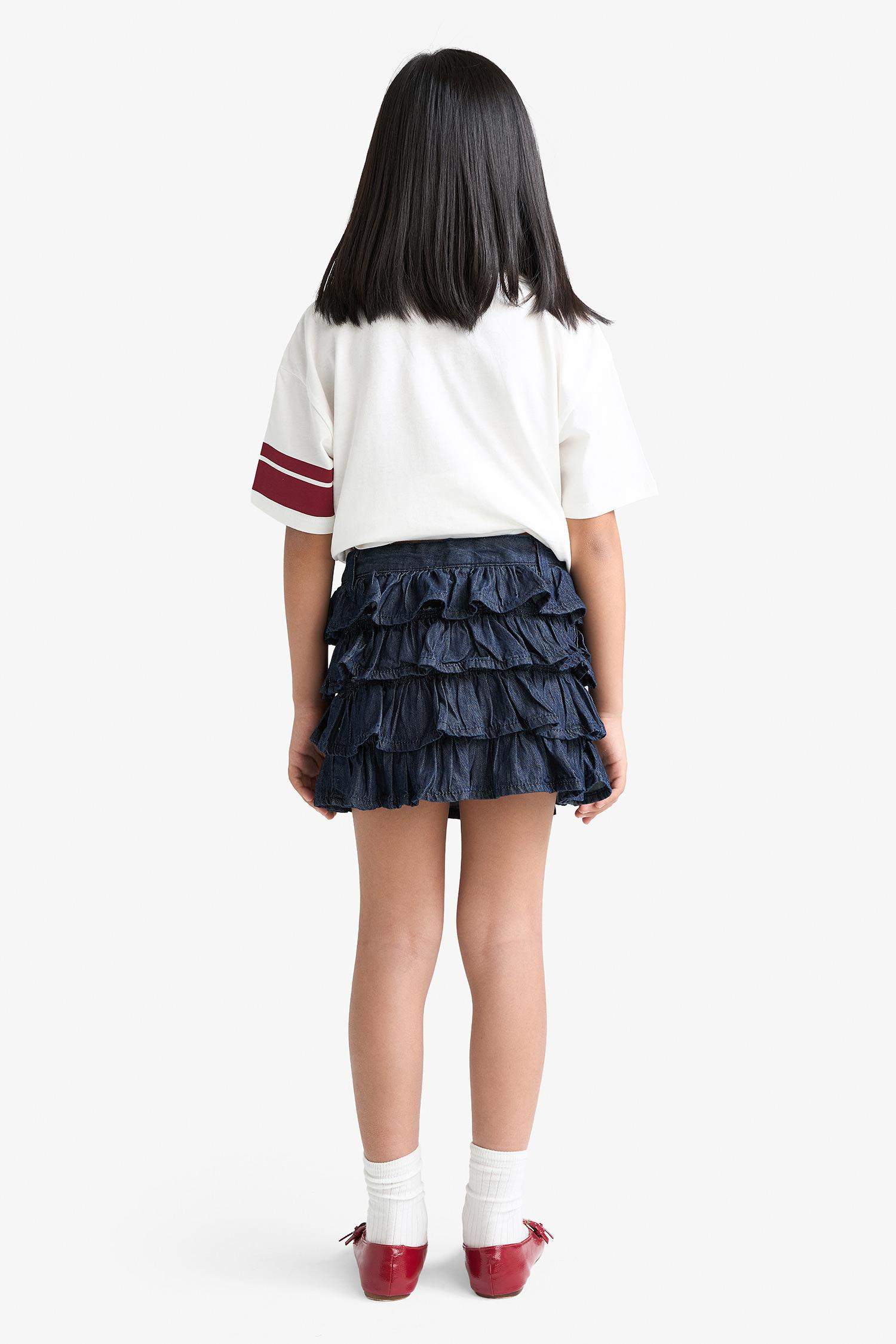 Kız Çocuk Beli Lastikli Katlı Jean Etek