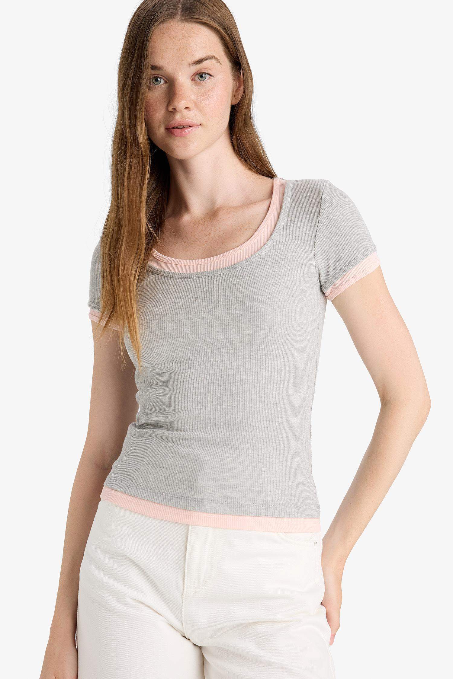 U Yaka Fitilli Kaşkorse Kısa Kollu Tişört