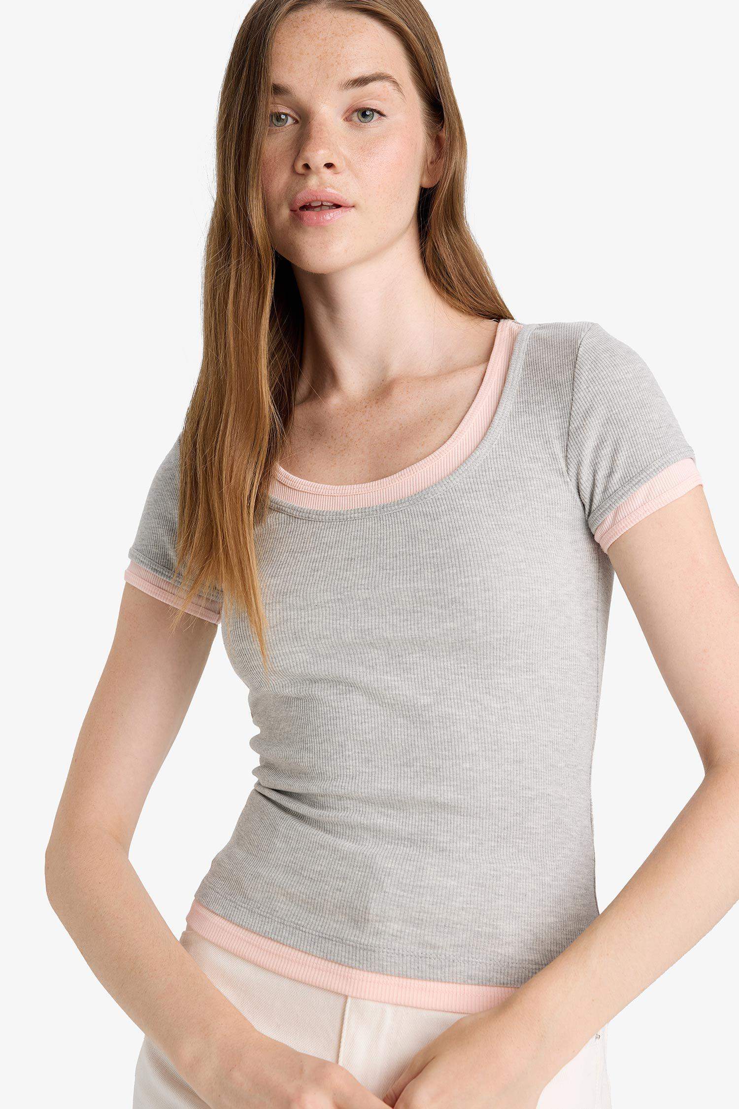 U Yaka Fitilli Kaşkorse Kısa Kollu Tişört