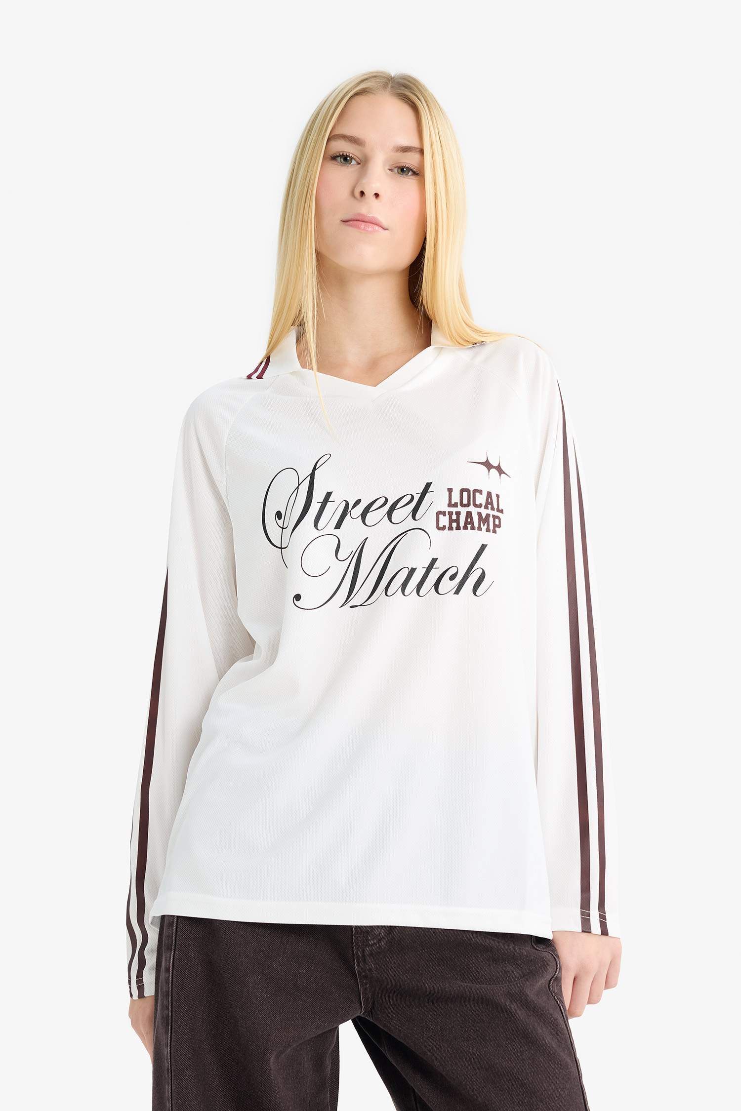 Oversized Fit Polo Neck Long Sleeve T-Shirt