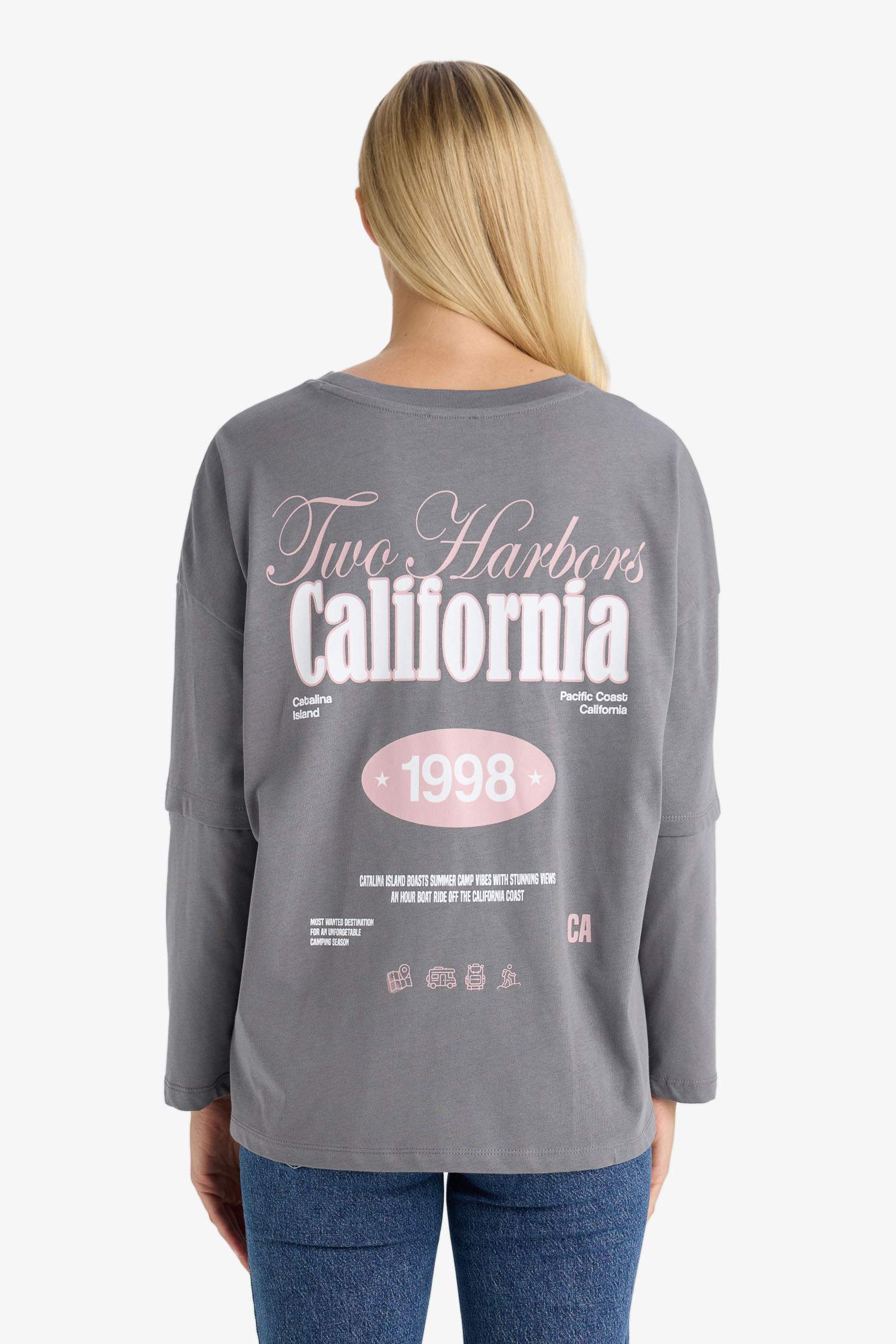 Loose Fit Bisiklet Yaka Sırt Baskılı Uzun Kollu Tişört