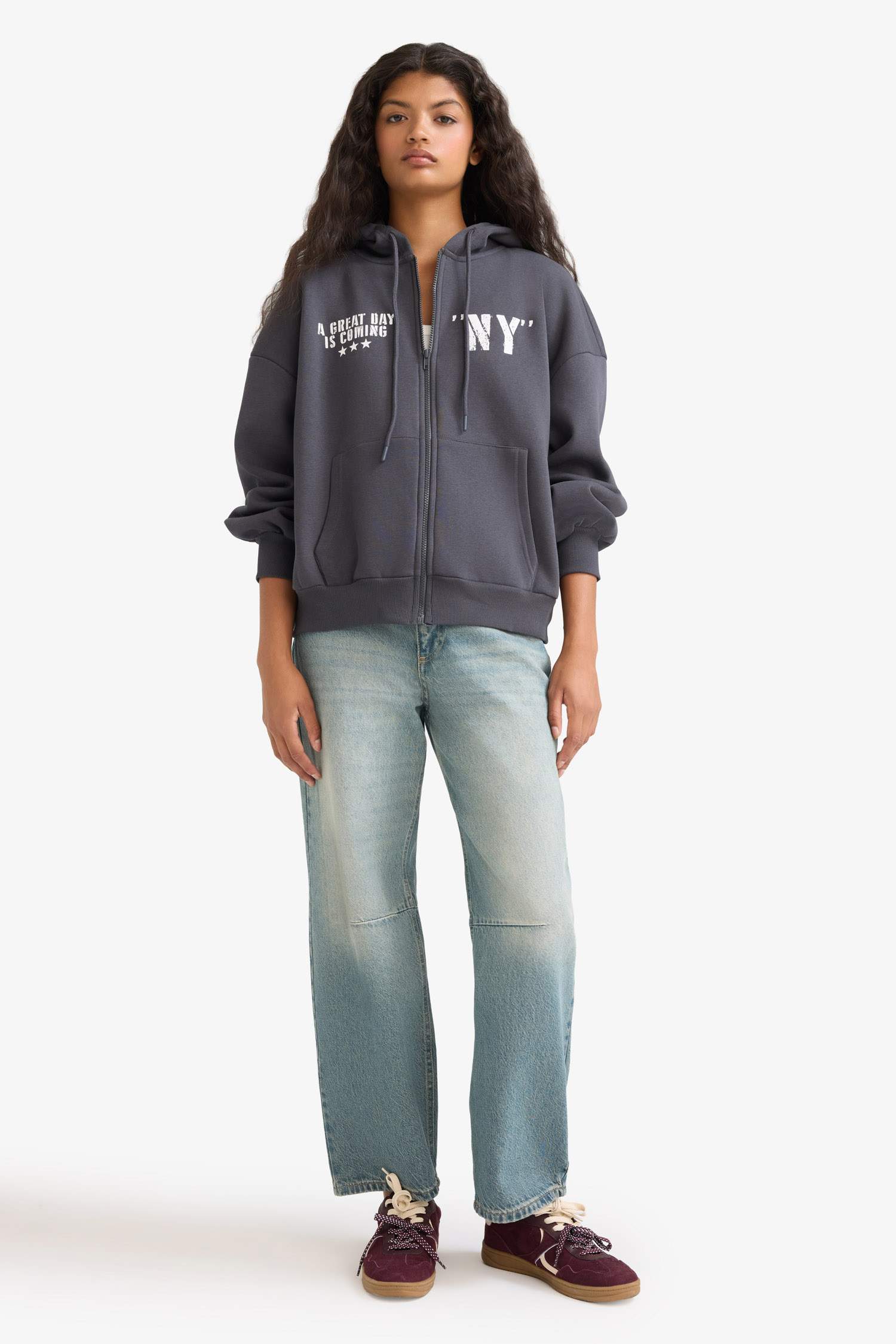 Oversize Fit Hooded Back Printed Thick Cardigan