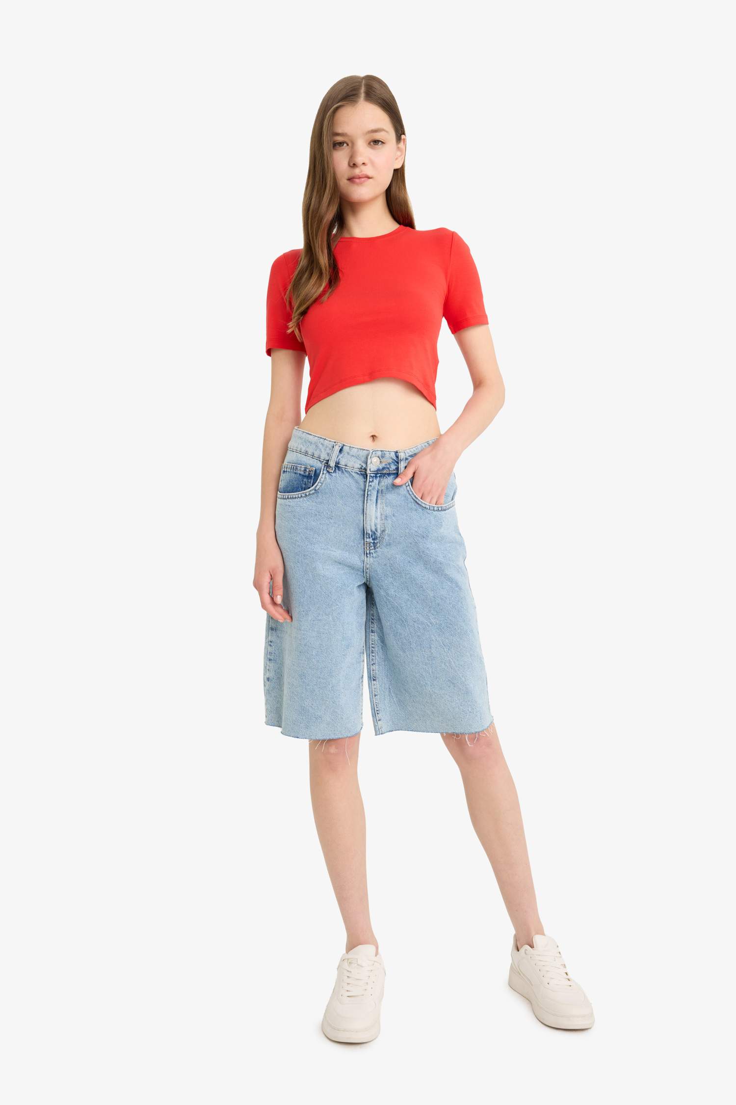 Fitted Crop Basic Red Short Sleeve T-Shirt