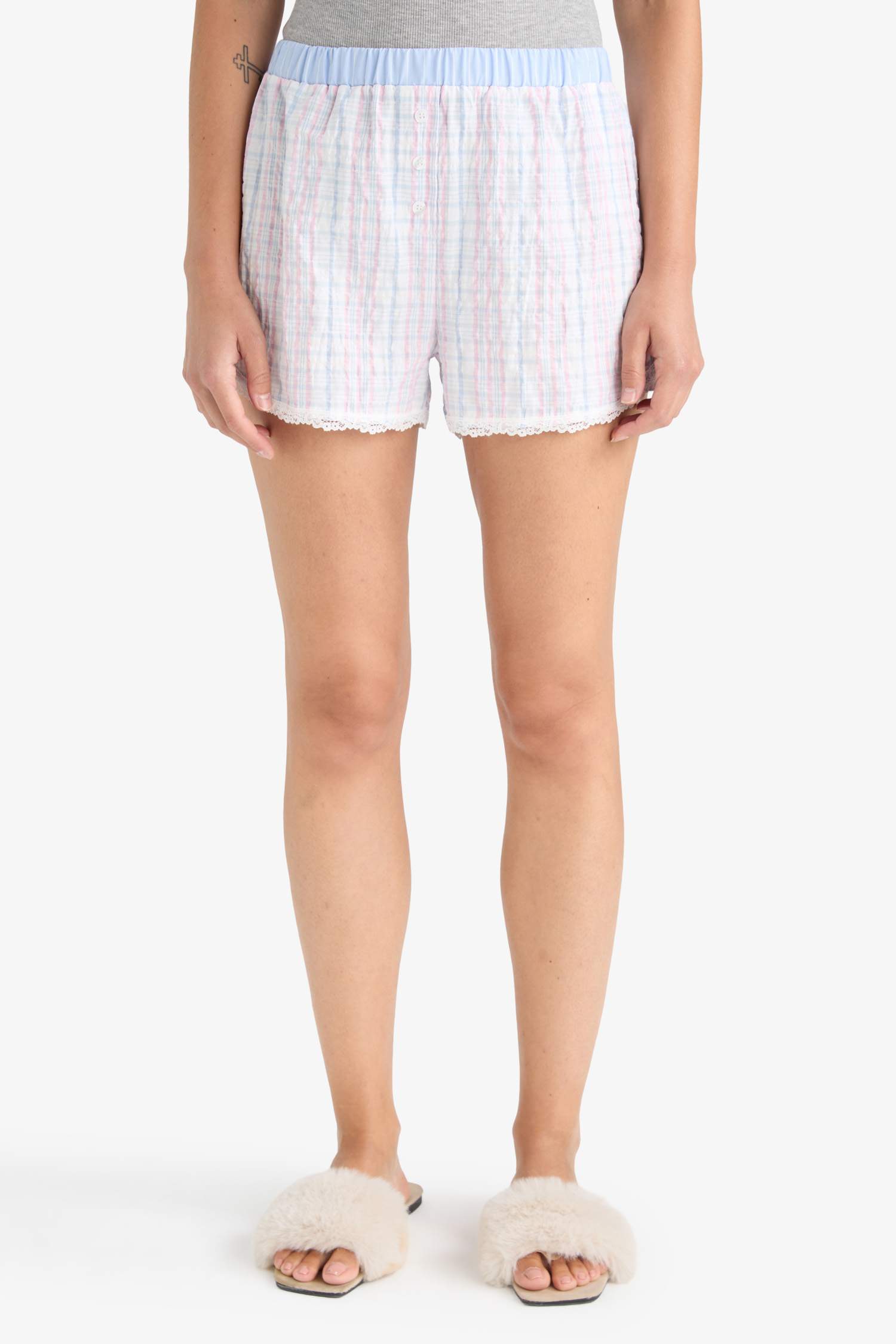 Regular Fit Gofre Dokulu Çizgili Şort Pijama Altı