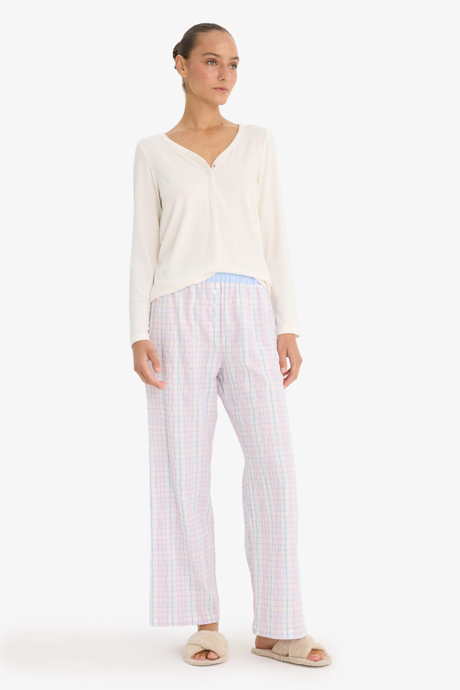 Regular Fit Uzun Boy Gofre Dokulu Pijama Altı-Fall in Love