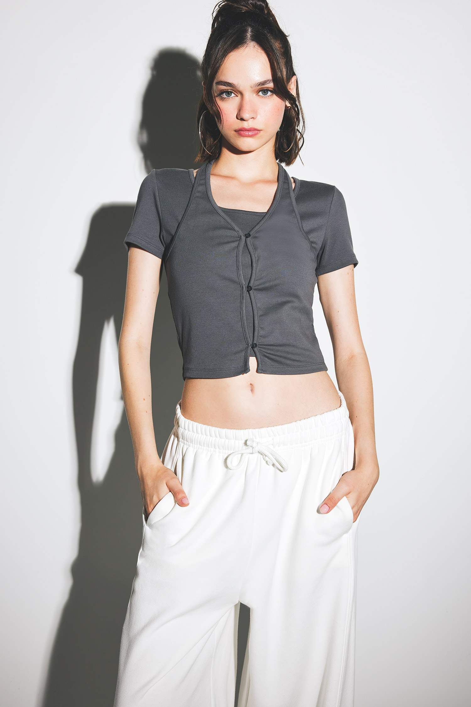 Halter Yaka Ribana Kısa Kollu Tişört