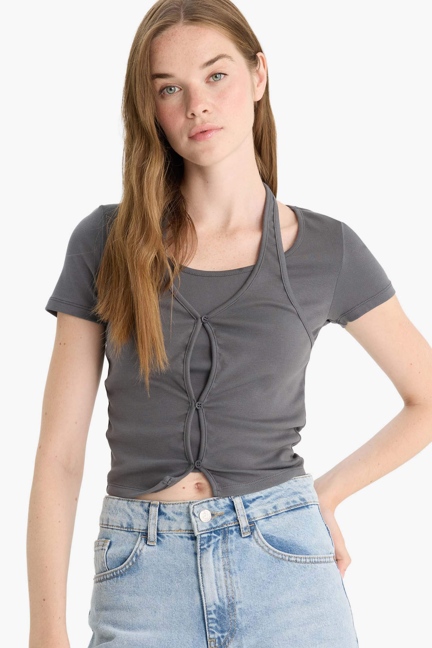 Halter Yaka Ribana Kısa Kollu Tişört