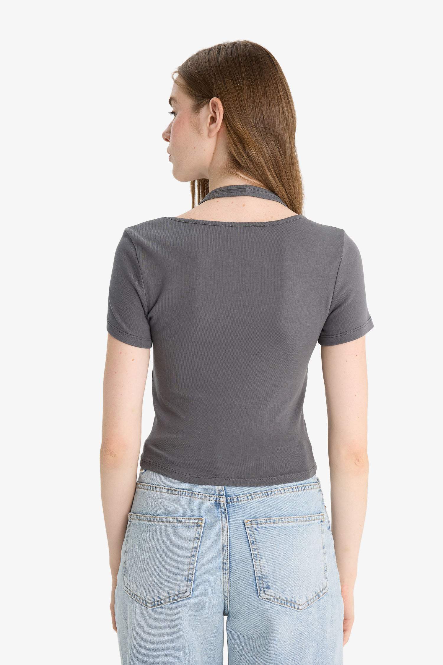 Halter Yaka Ribana Kısa Kollu Tişört