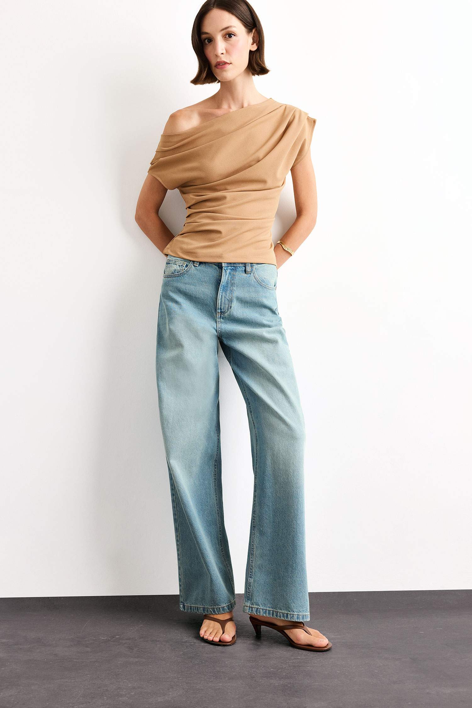 Fitted Basic Düz Tek Omuzlu Bluz