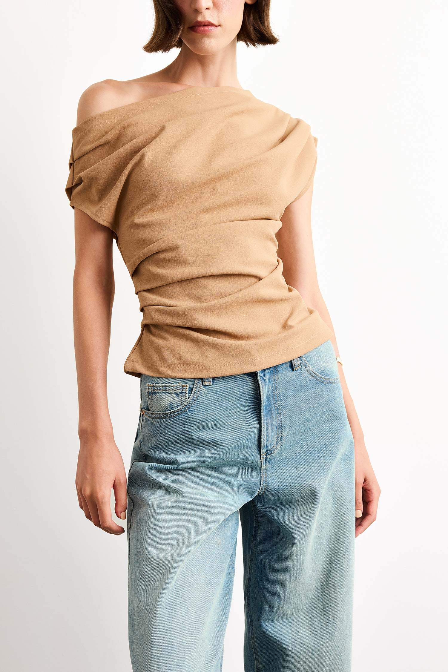 Fitted Basic Düz Tek Omuzlu Bluz