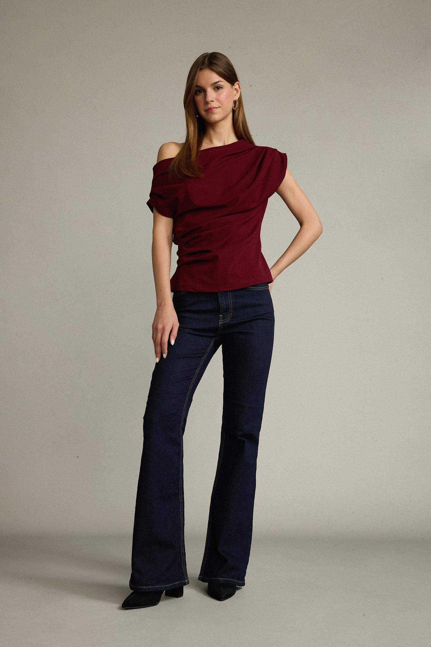 Fitted Basic Düz Tek Omuzlu Bluz