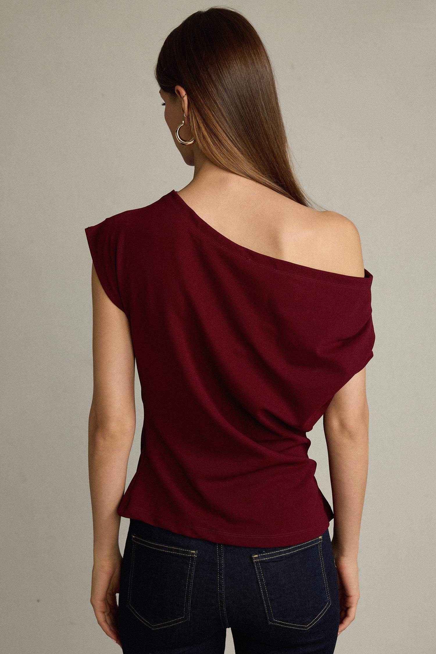 Fitted Basic Düz Tek Omuzlu Bluz