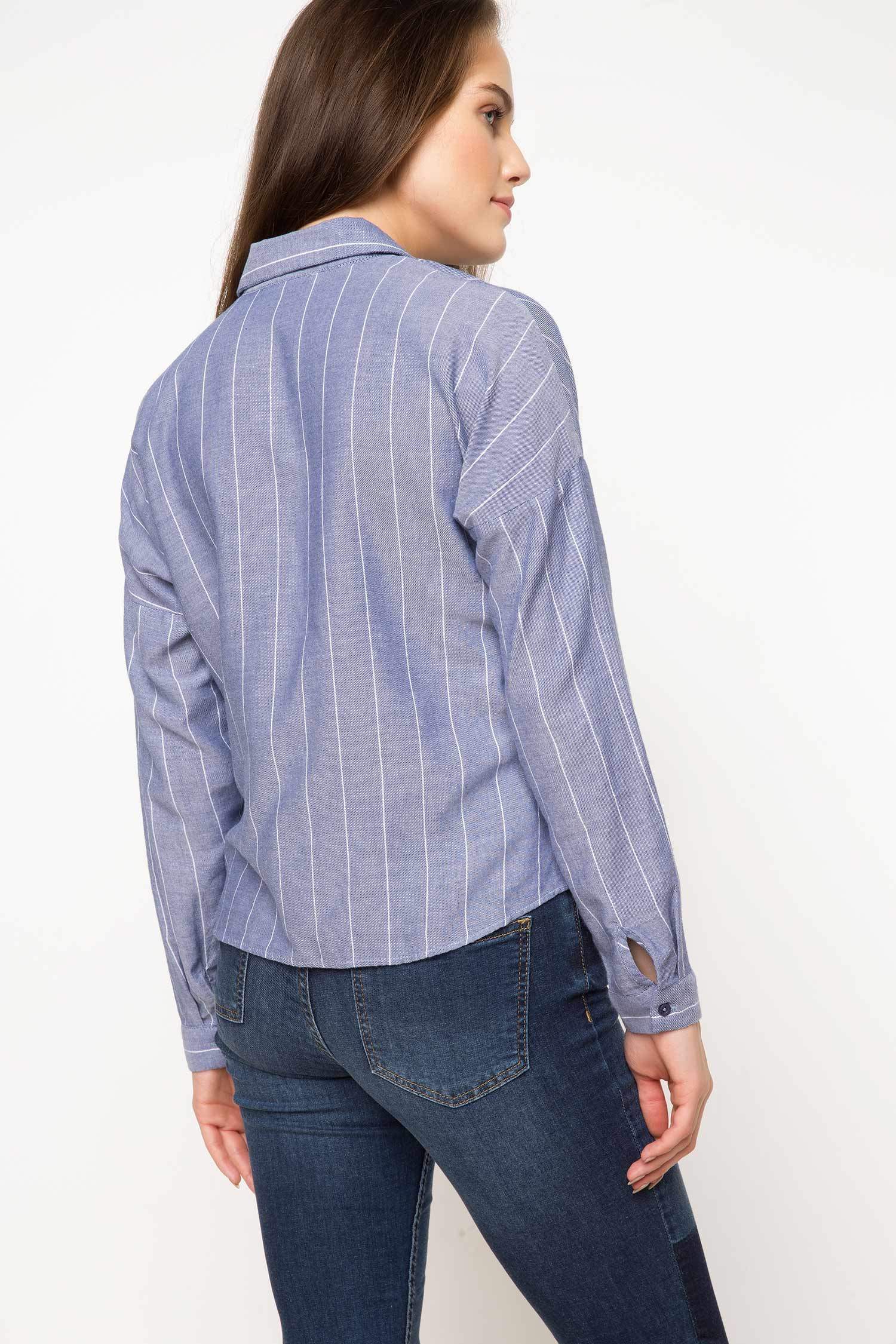 Defacto Çizgili Cep Detaylı Gömlek. 3