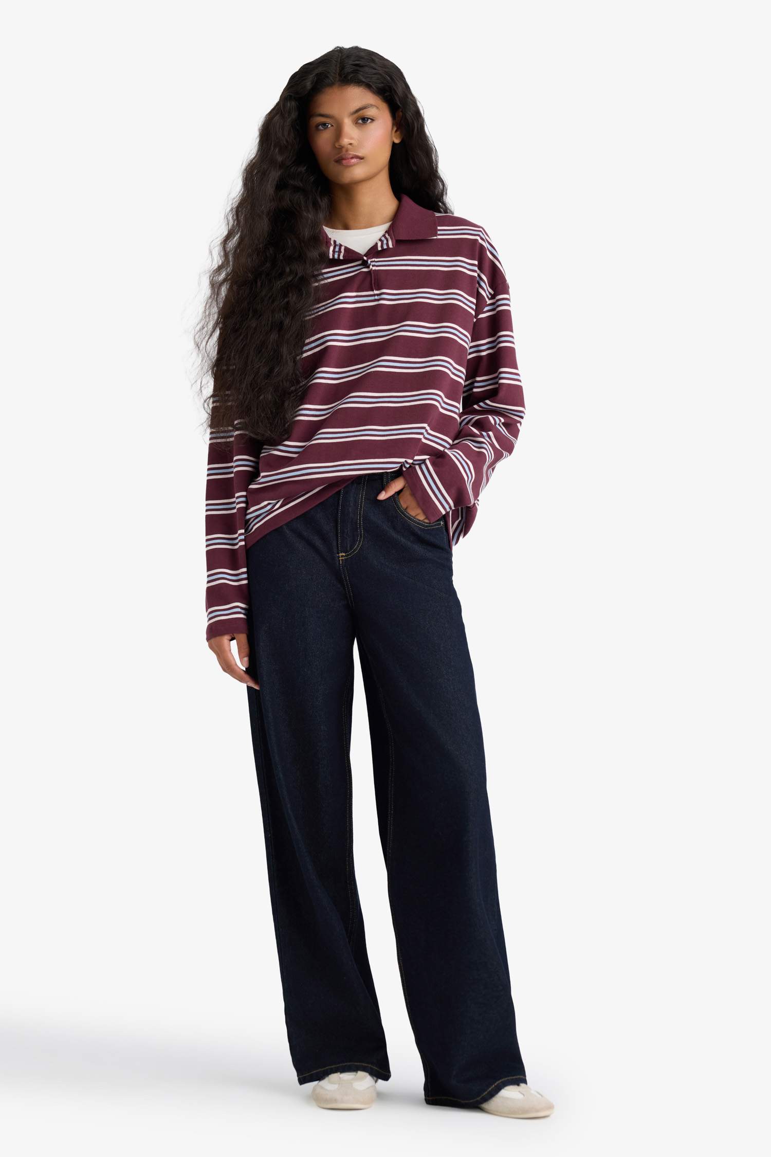 Relax Fit Polo Yaka Çizgili Sweatshirt