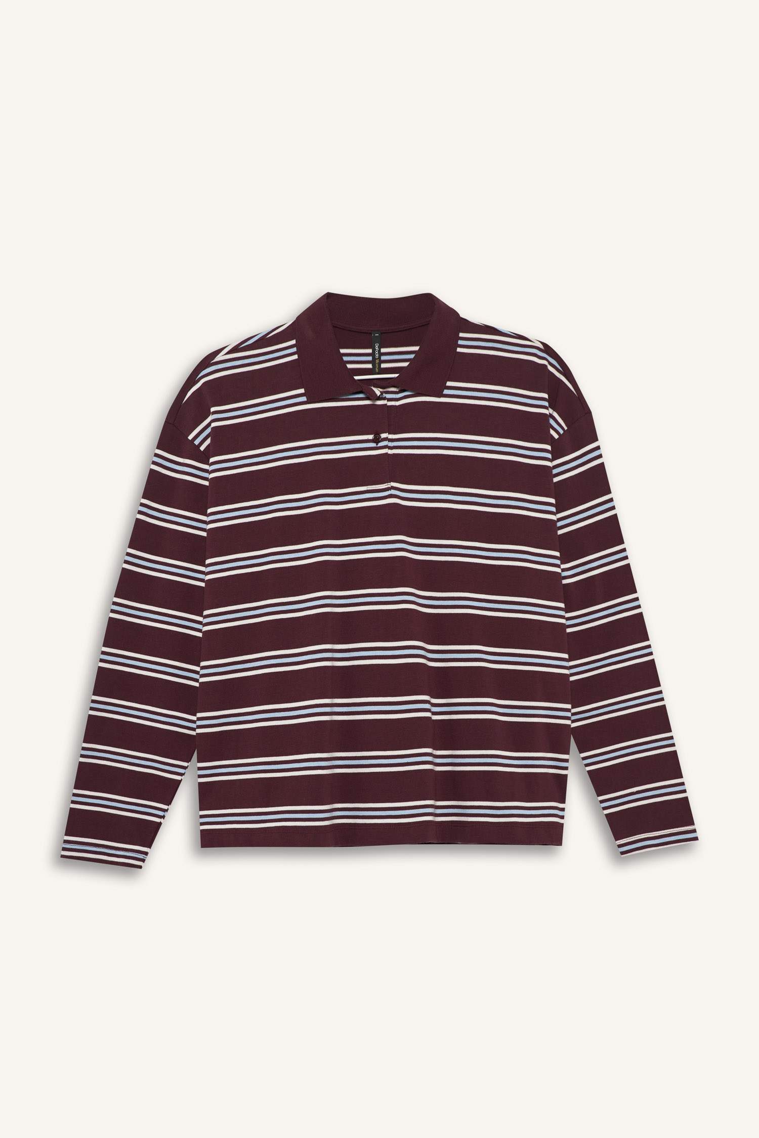 Relax Fit Polo Yaka Çizgili Sweatshirt