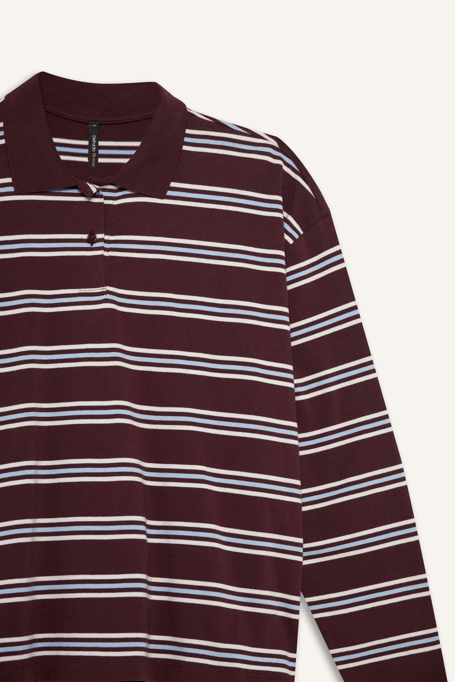 Relax Fit Polo Yaka Çizgili Sweatshirt