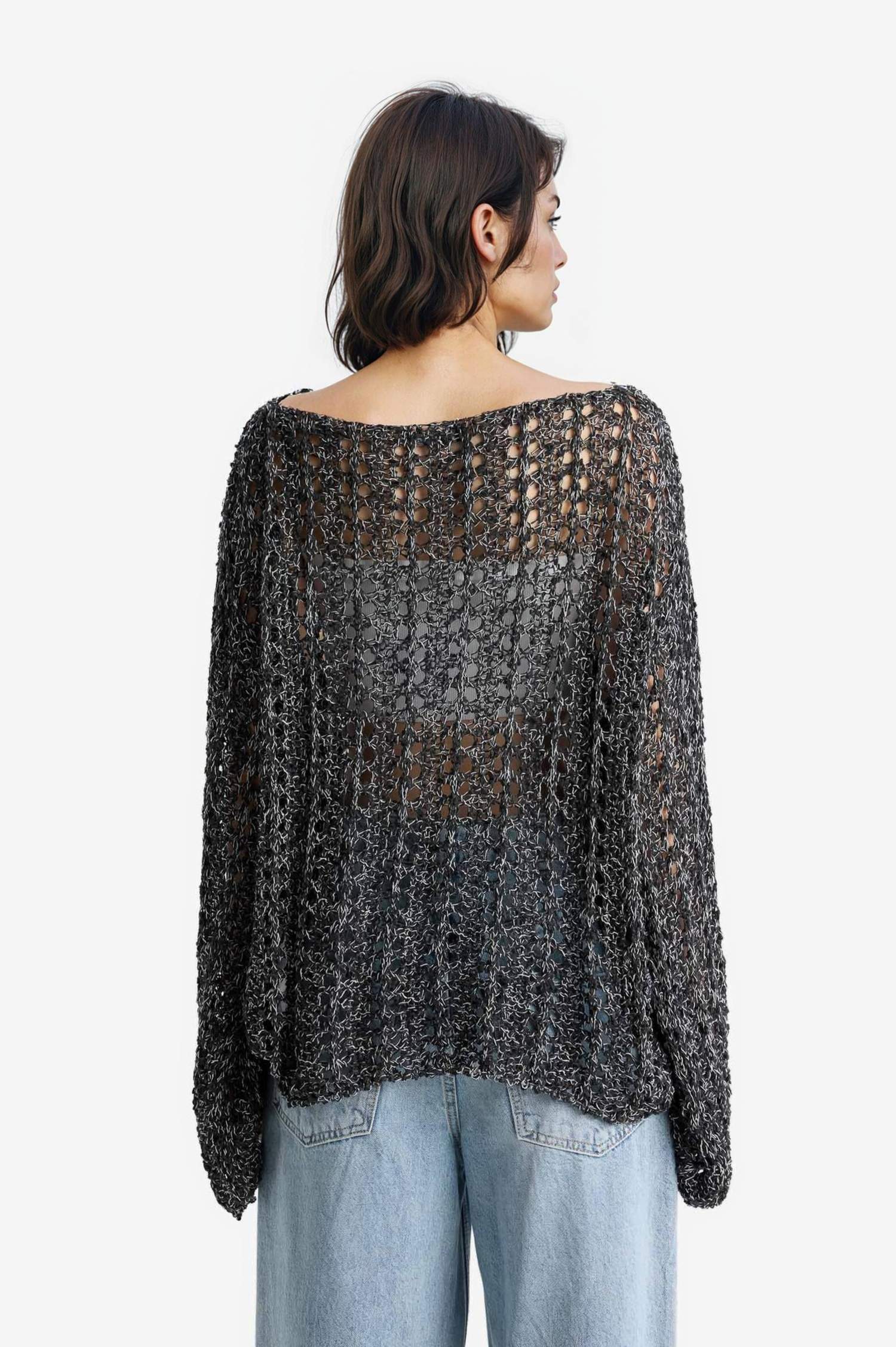 Oversize Geniş Kalıp Kayık Yaka Kroşe Kazak