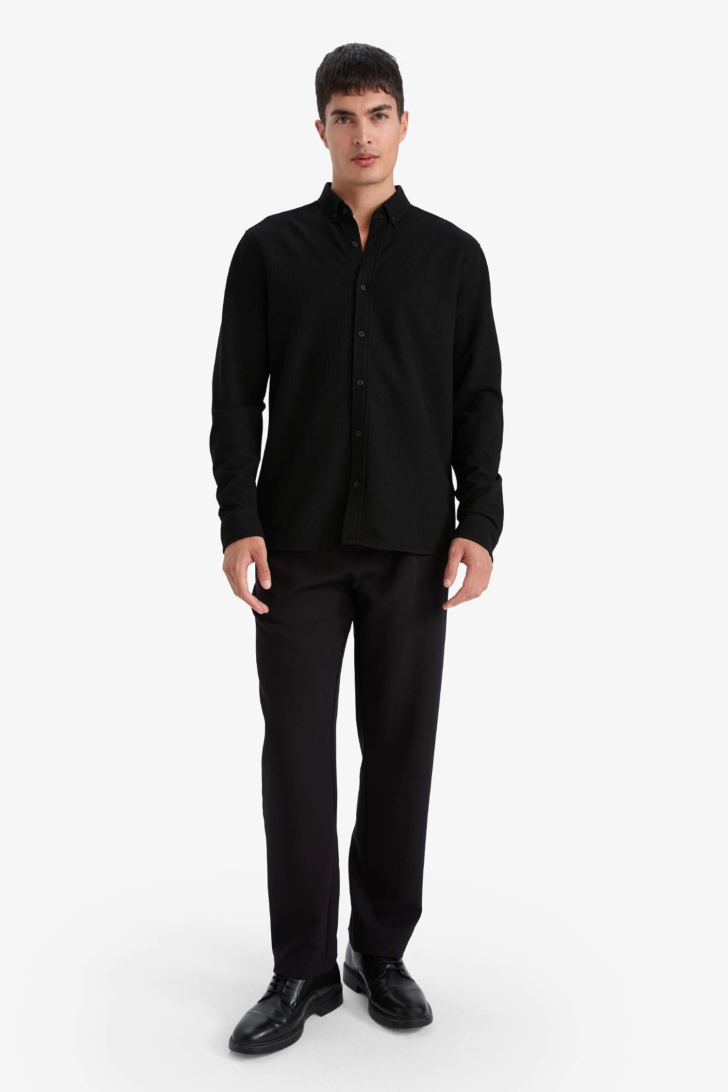 Regular Fıt Polo Yaka Penye Uzun Kollu Gömlek