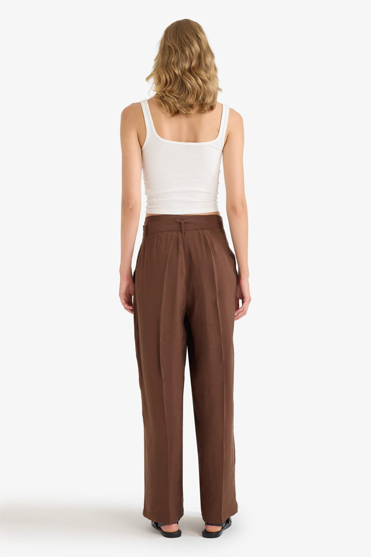 Wide Leg Cep Detaylı Paperbag Bel Düz Paça Uzun Boy Modal Pantolon