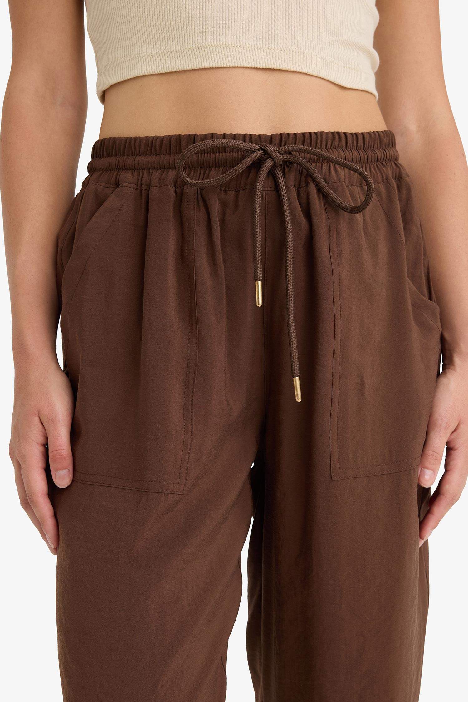 Paperbag Cep Detaylı Düz Paça Uzun Boy Modal Pantolon