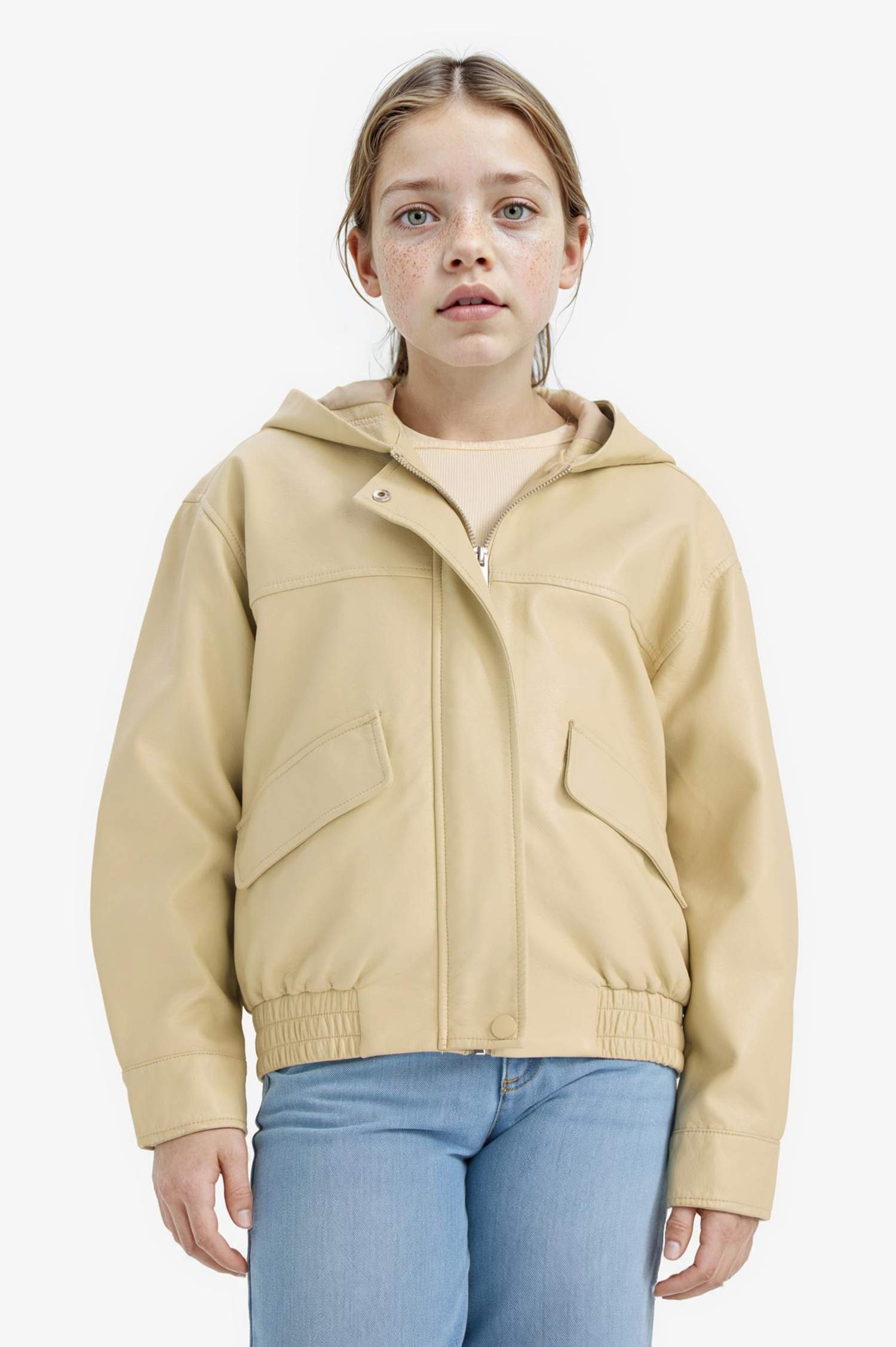 Kız Çocuk Kapüşonlu Suni Deri Mont