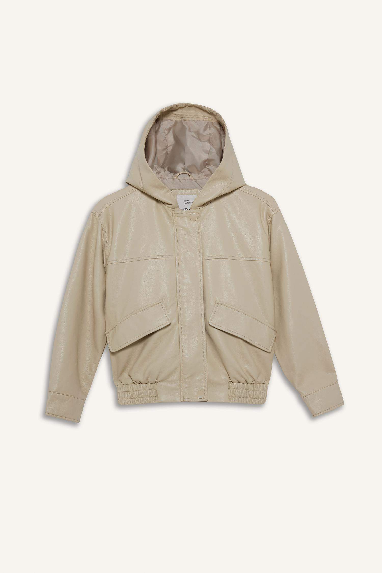 Kız Çocuk Kapüşonlu Suni Deri Mont