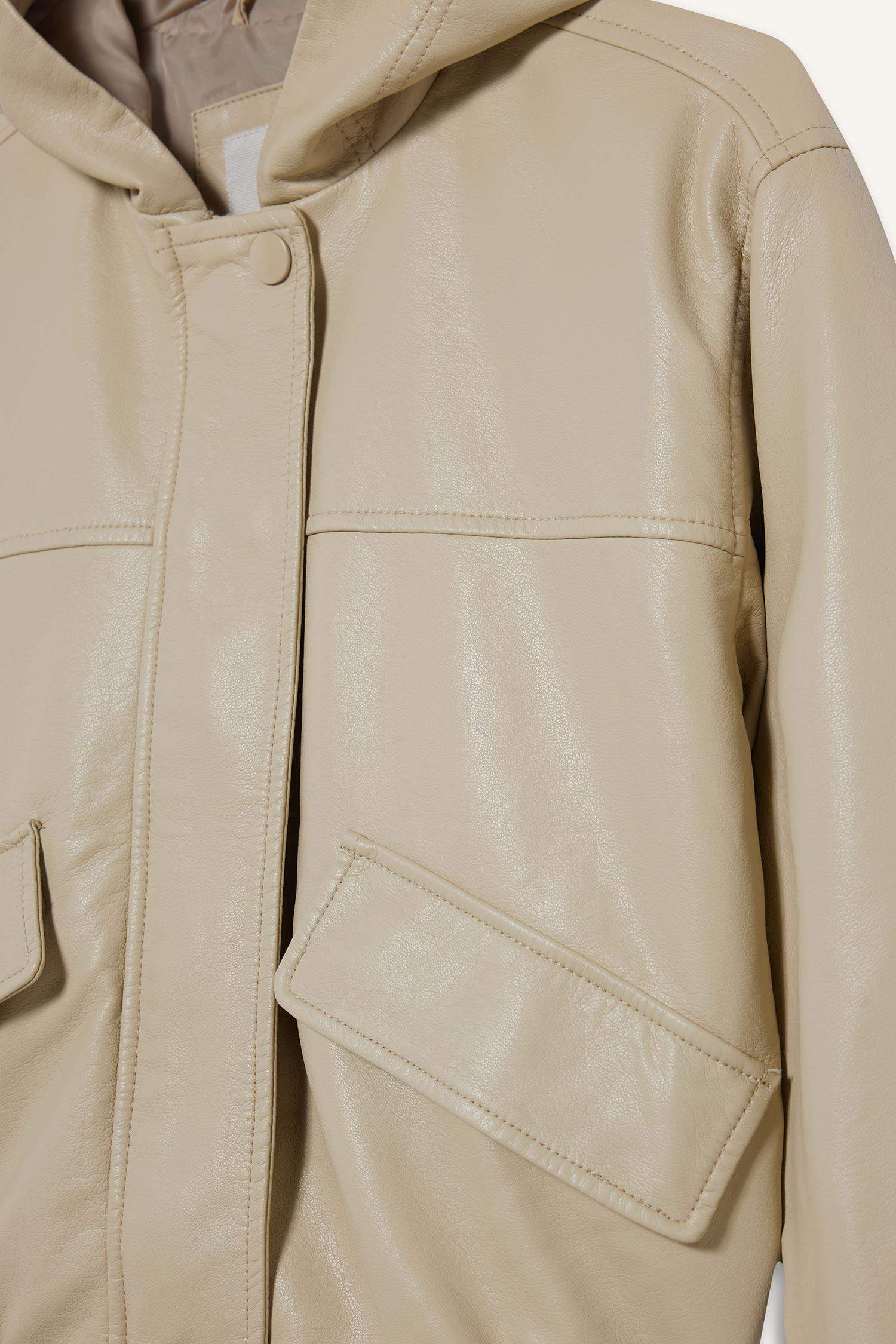 Kız Çocuk Kapüşonlu Suni Deri Mont